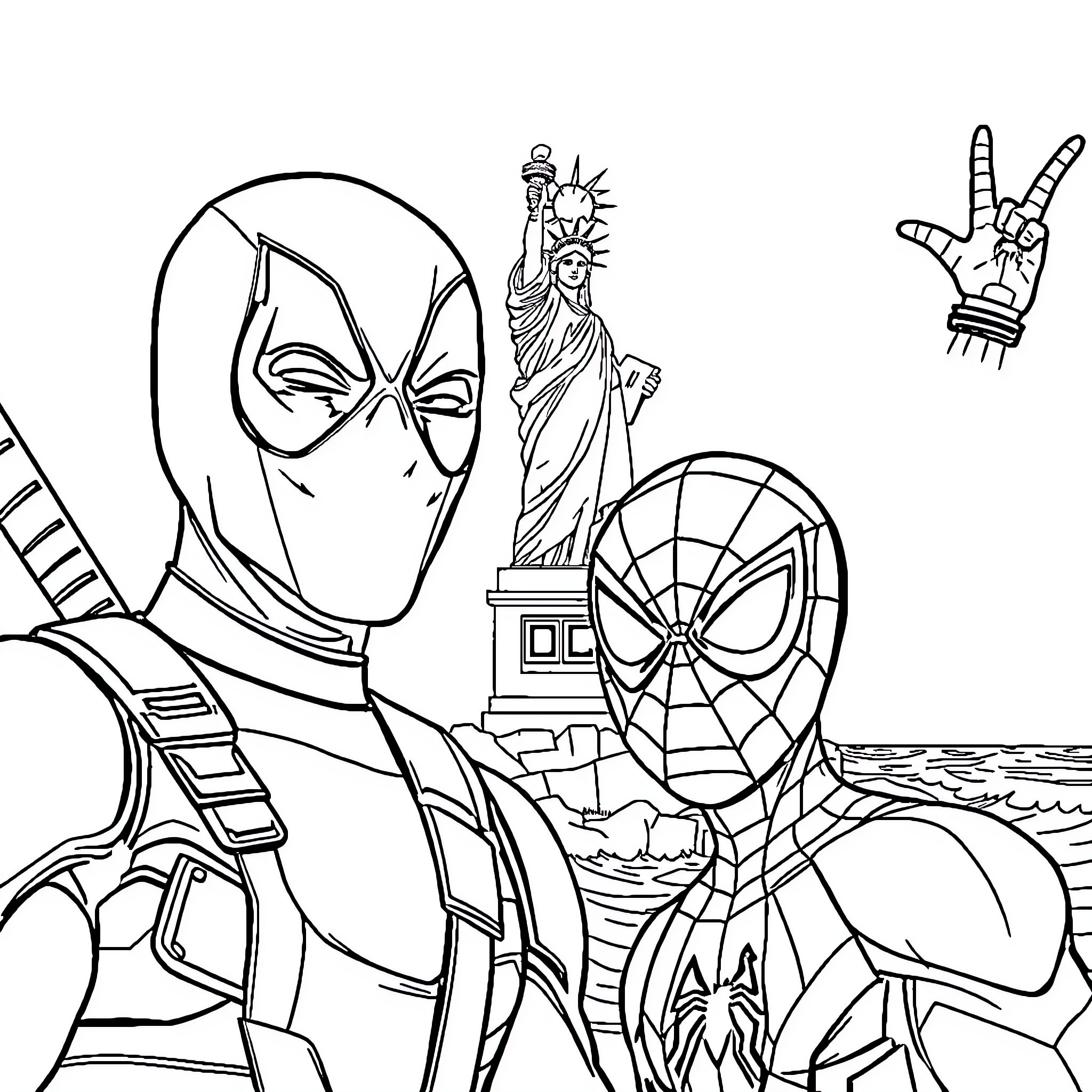 Deadpool and Spider-Man in New York City Coloring Page (free black-and-white line drawing printable PDF for all, from beginners to advanced learners, including children, teens, adults, and seniors)
