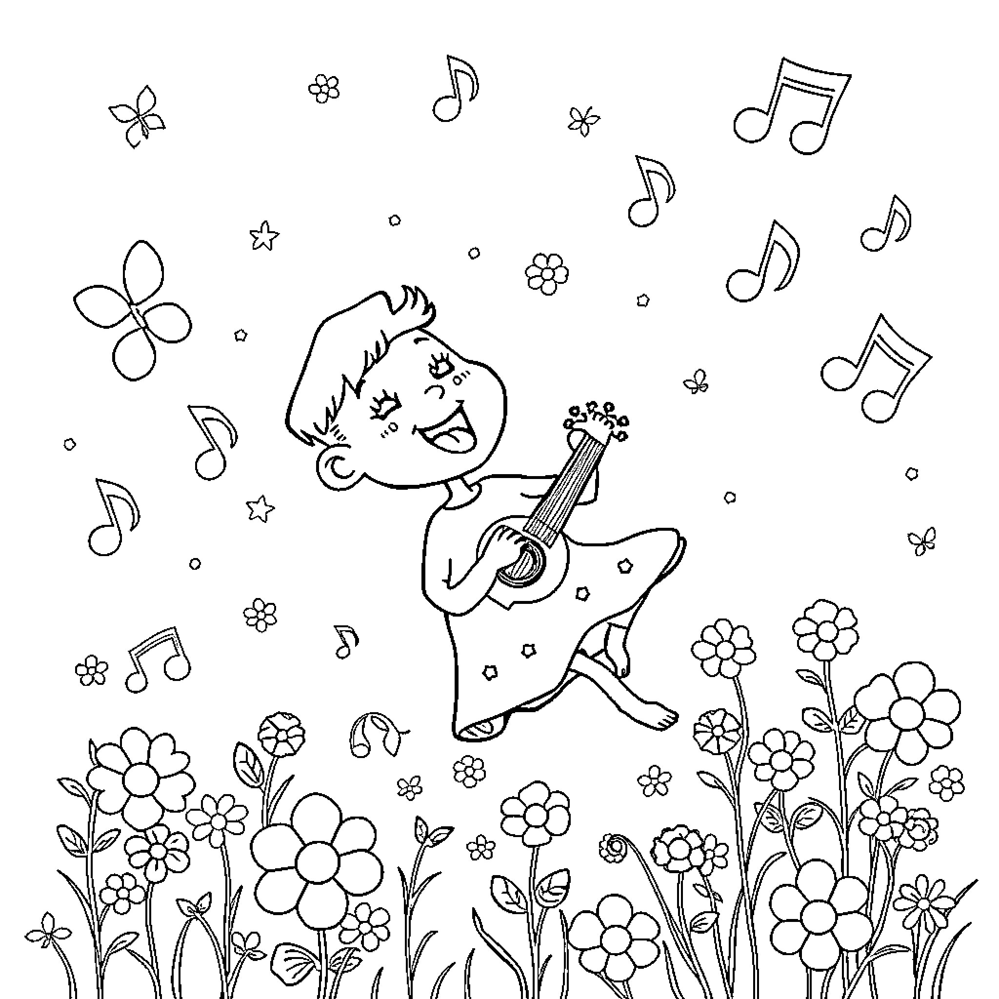 Tralalero dancing and playing guitar in a floral field Coloring Page (free black-and-white line drawing printable PDF for all, from beginners to advanced learners, including children, teens, adults, and seniors)
