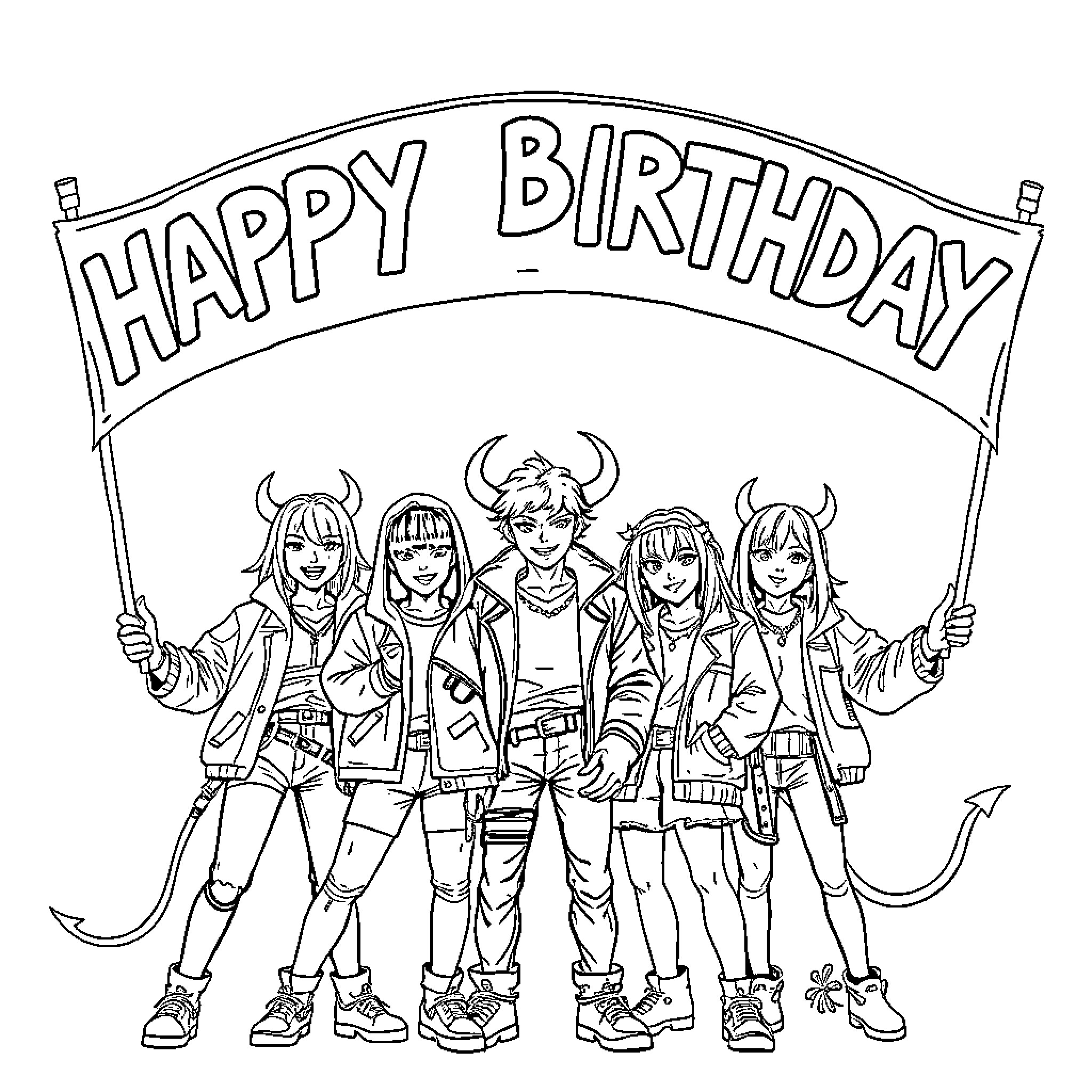 Demon Hunters celebrate a Happy Birthday Coloring Page (free black-and-white line drawing printable PDF for all, from beginners to advanced learners, including children, teens, adults, and seniors)
