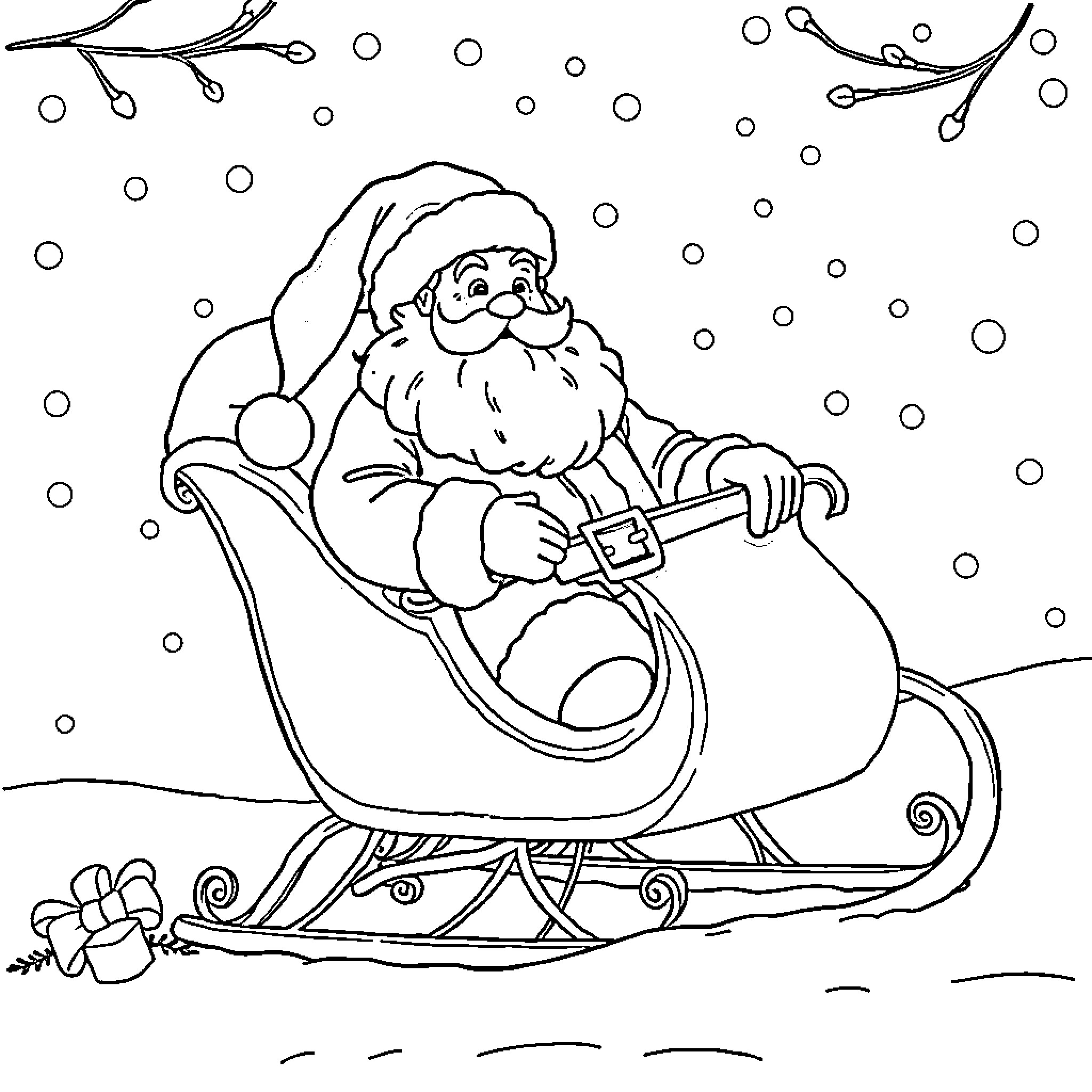 Santa riding a sleigh on a snowy night Coloring Page (free black-and-white line drawing printable PDF for all, from beginners to advanced learners, including children, teens, adults, and seniors)