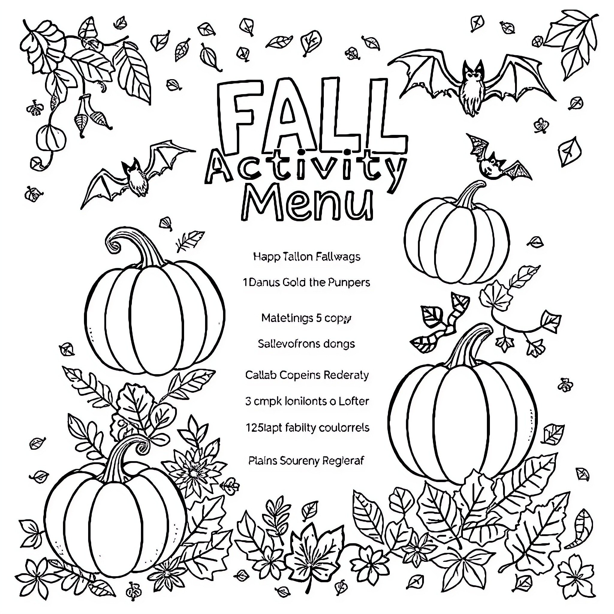 Pumpkin Fall Activity Menu with Seasonal Elements Coloring Page (free black-and-white line drawing printable PDF for all, from beginners to advanced learners, including children, teens, adults, and seniors)