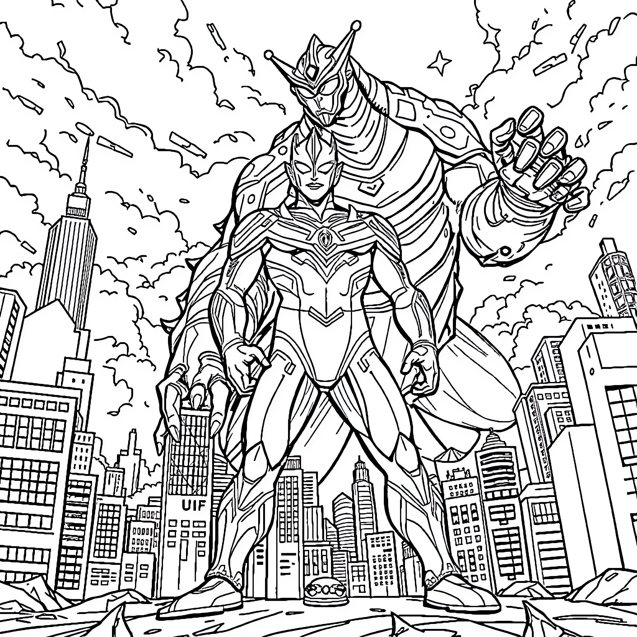 Ultraman battles through a city skyline Coloring Page (free black-and-white line drawing printable PDF for all, from beginners to advanced learners, including children, teens, adults, and seniors)