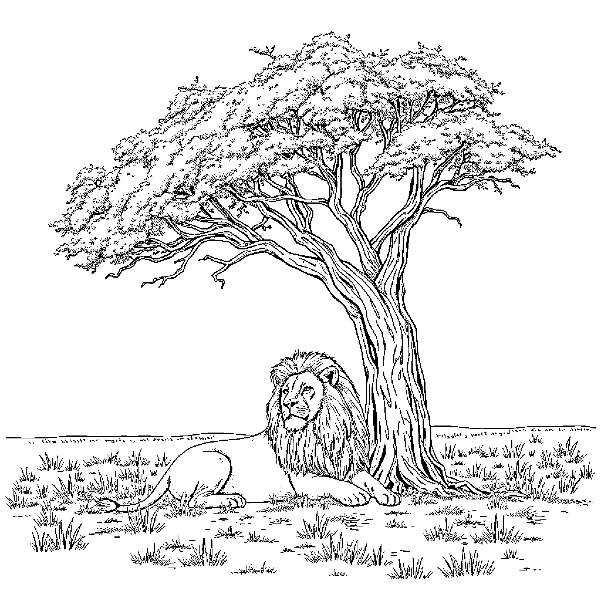 Lion resting peacefully under a majestic tree Coloring Page (free black-and-white line drawing printable PDF for all, from beginners to advanced learners, including children, teens, adults, and seniors)