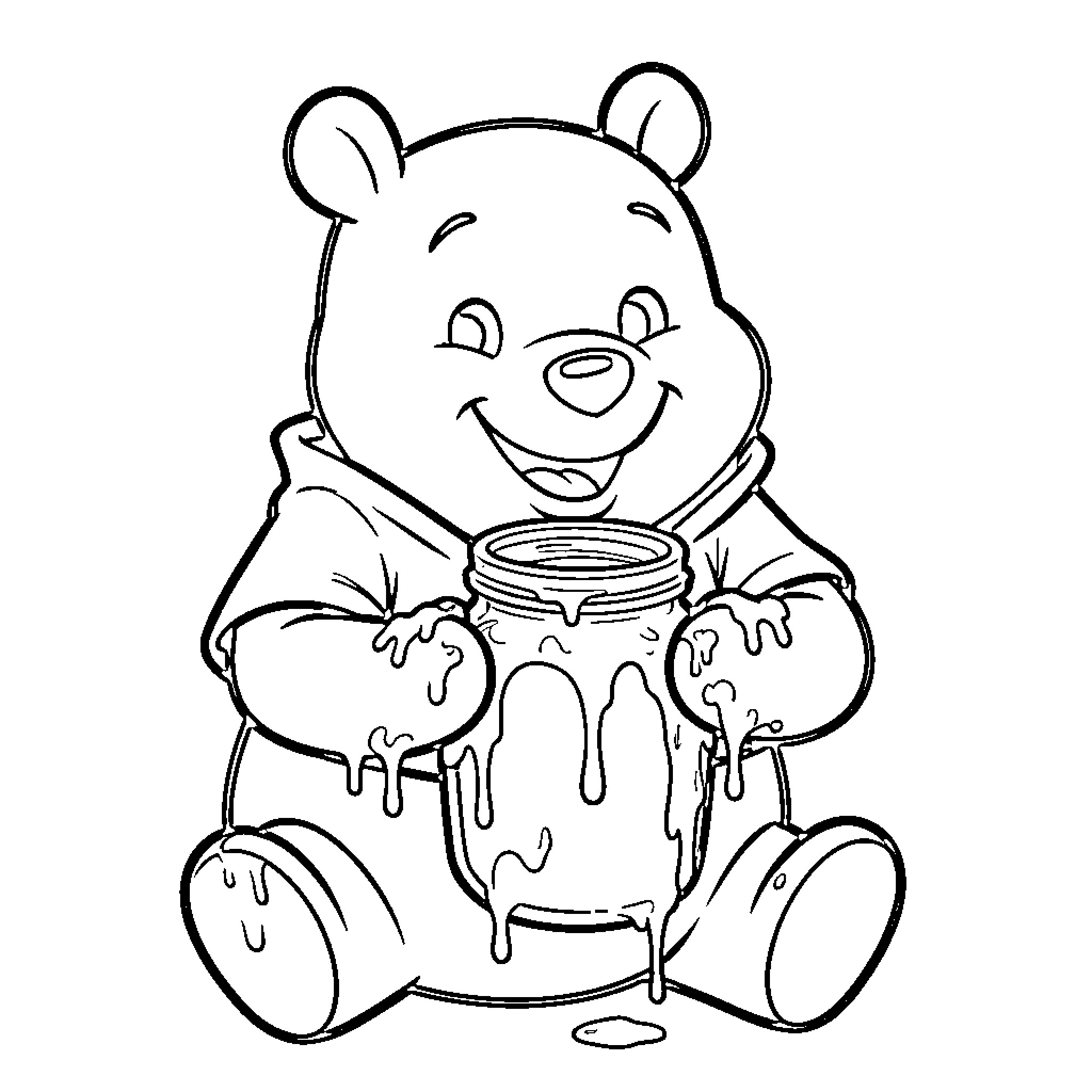 Winnie The Pooh Enjoying Sweet Honey Treat Coloring Page (free black-and-white line drawing printable PDF for all, from beginners to advanced learners, including children, teens, adults, and seniors)