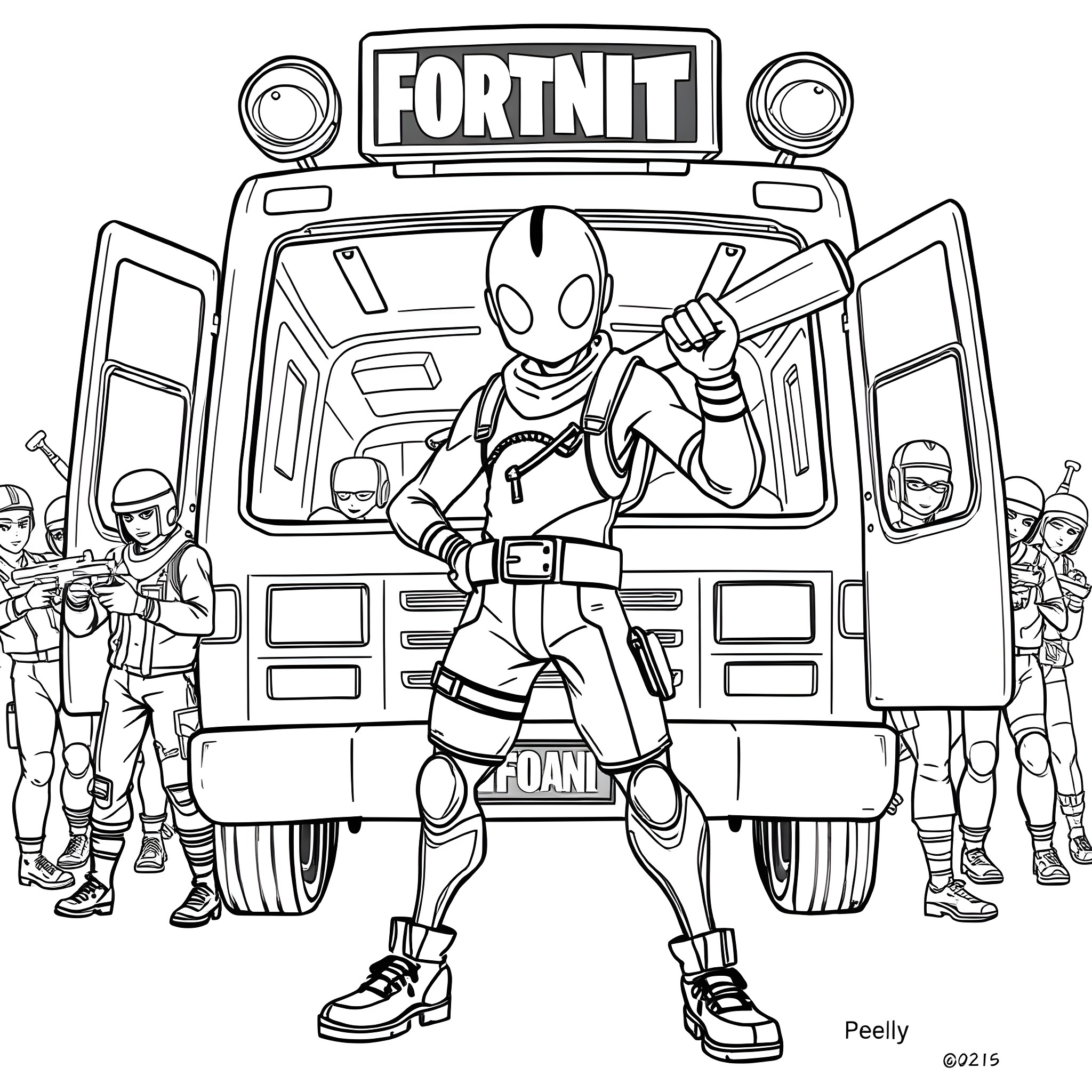 Peely driving a Fortnite vehicle with other characters Coloring Page (free black-and-white line drawing printable PDF for all, from beginners to advanced learners, including children, teens, adults, and seniors)