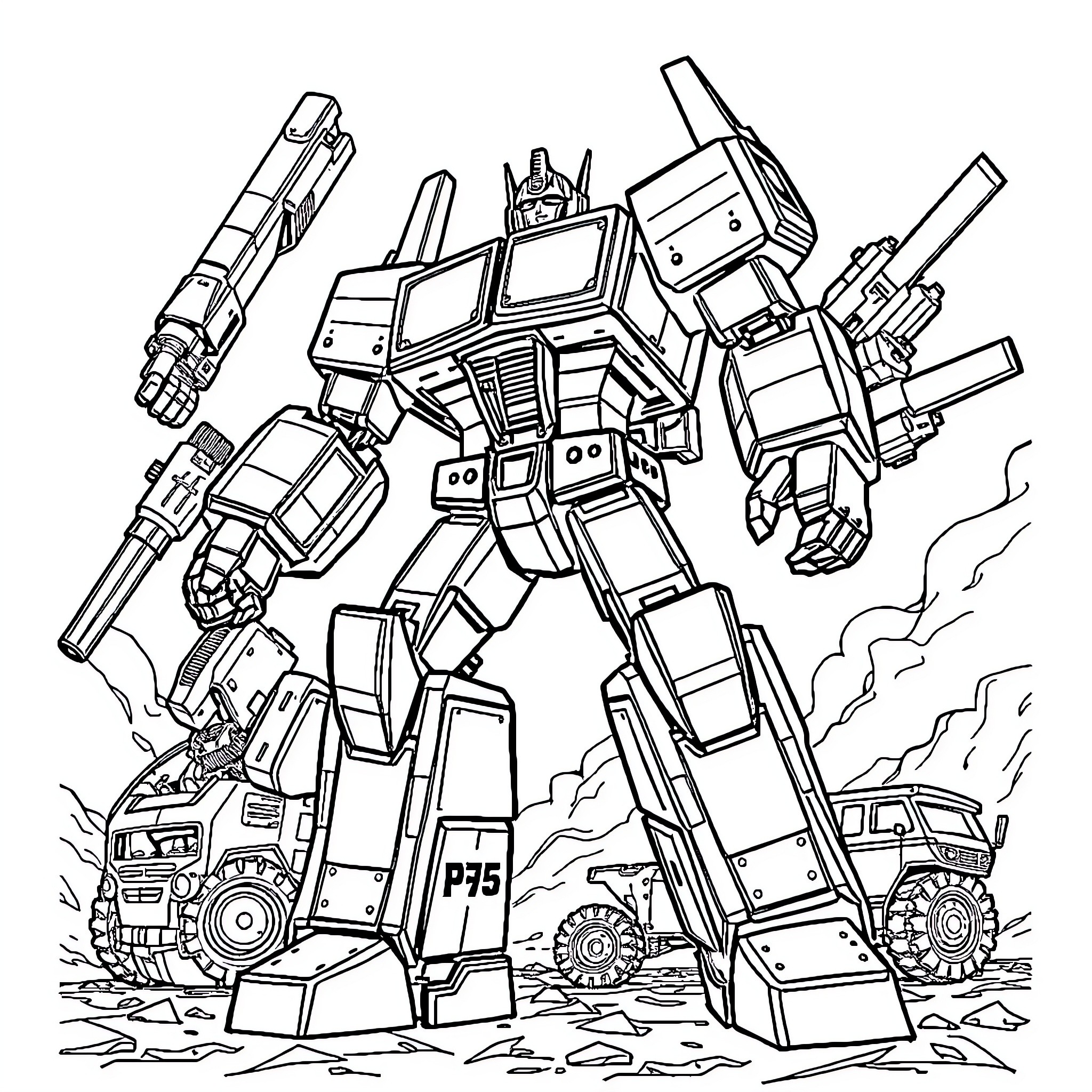 Transformer robot in epic battle scene Coloring Page (free black-and-white line drawing printable PDF for all, from beginners to advanced learners, including children, teens, adults, and seniors)