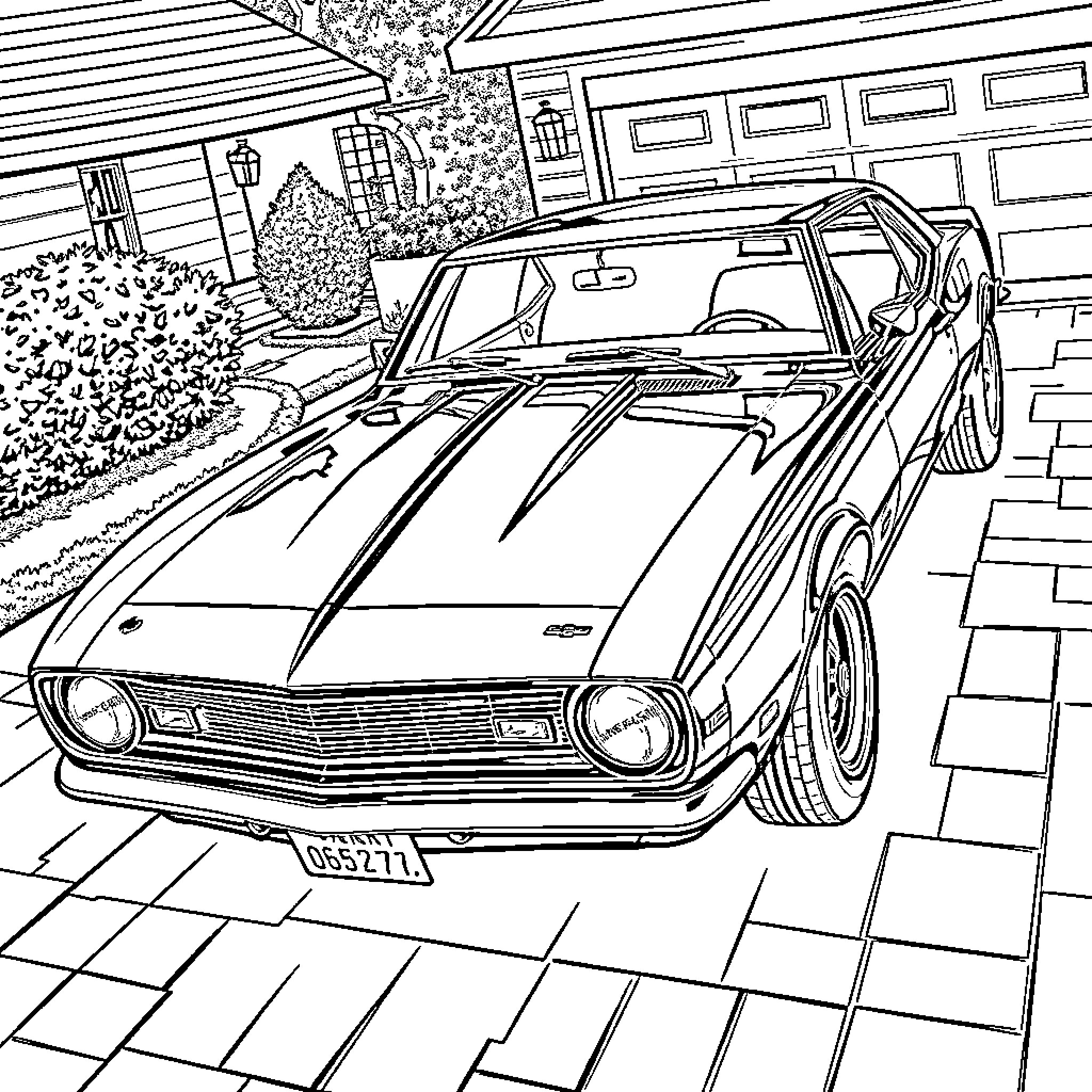 Chevrolet Camaro parked in front of house Coloring Page (free black-and-white line drawing printable PDF for all, from beginners to advanced learners, including children, teens, adults, and seniors)