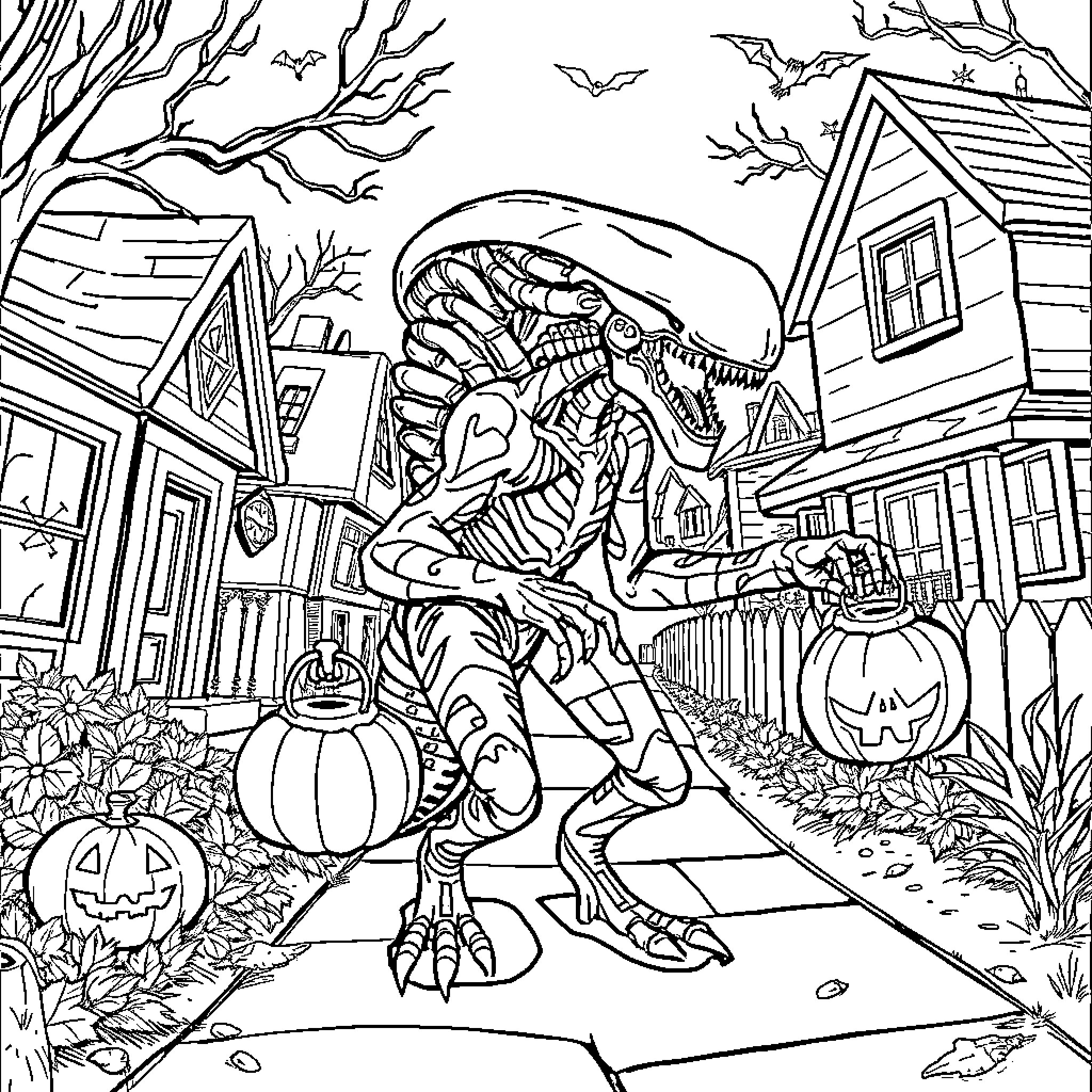 Xenomorph Terrorizing a Spooky Neighborhood Coloring Page (free black-and-white line drawing printable PDF for all, from beginners to advanced learners, including children, teens, adults, and seniors)