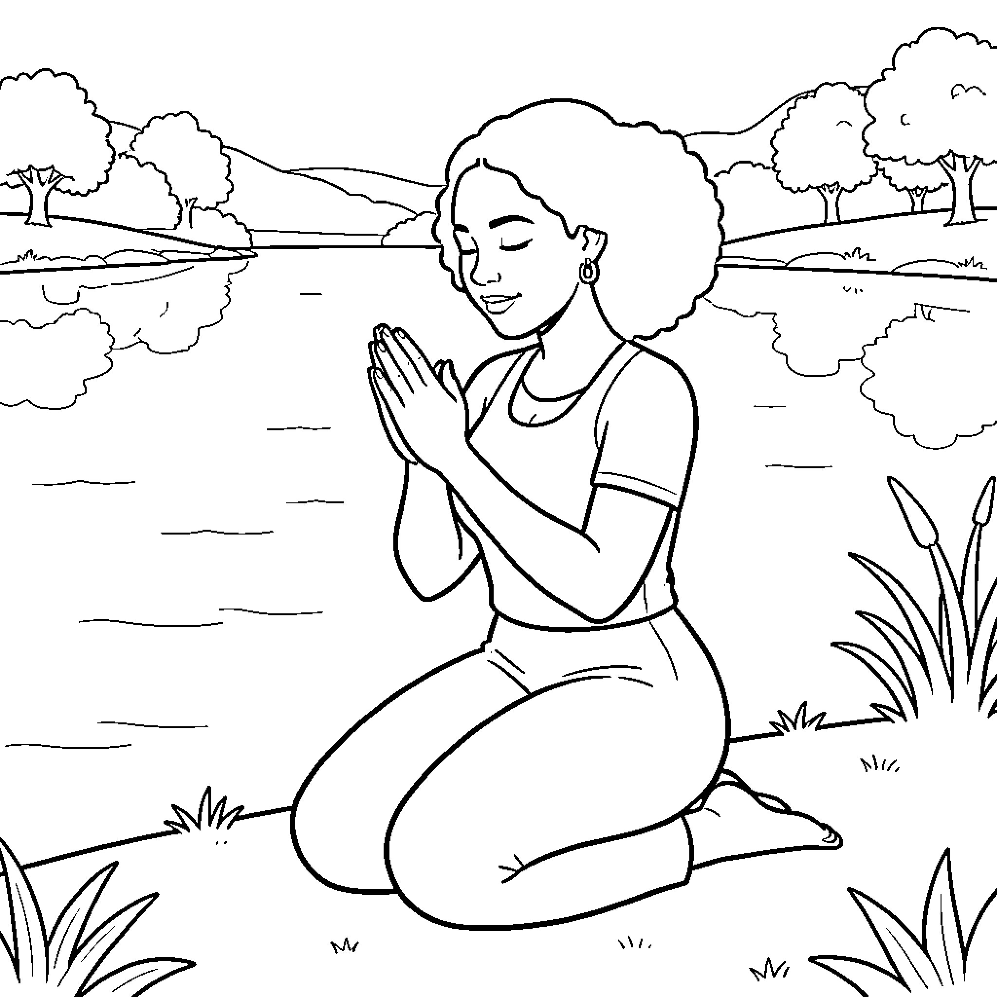 Woman in a Serene Meditation Pose Coloring Page (free black-and-white line drawing printable PDF for all, from beginners to advanced learners, including children, teens, adults, and seniors)