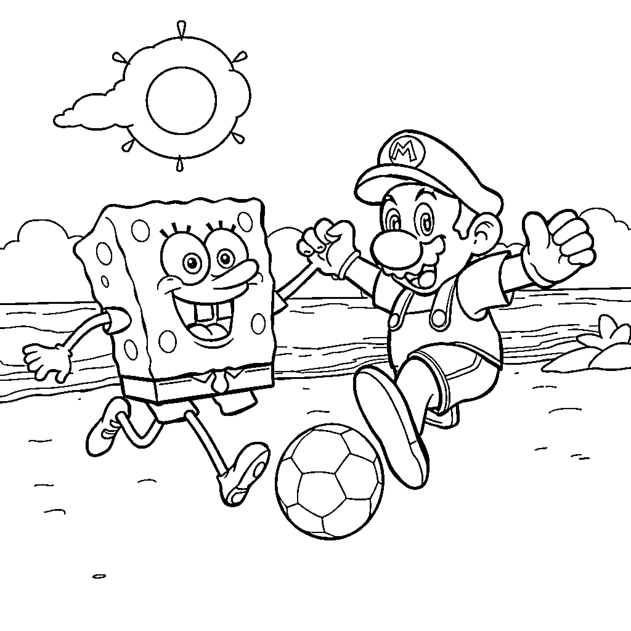Spongebob and Mario playing soccer on the beach Coloring Page (free black-and-white line drawing printable PDF for all, from beginners to advanced learners, including children, teens, adults, and seniors)
