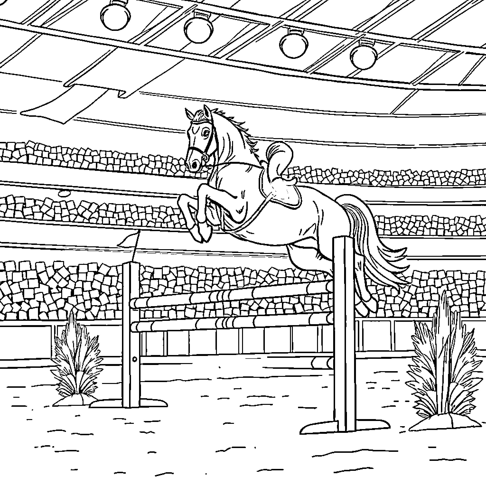 Horse jumping over obstacle in equestrian arena Coloring Page (free black-and-white line drawing printable PDF for all, from beginners to advanced learners, including children, teens, adults, and seniors)