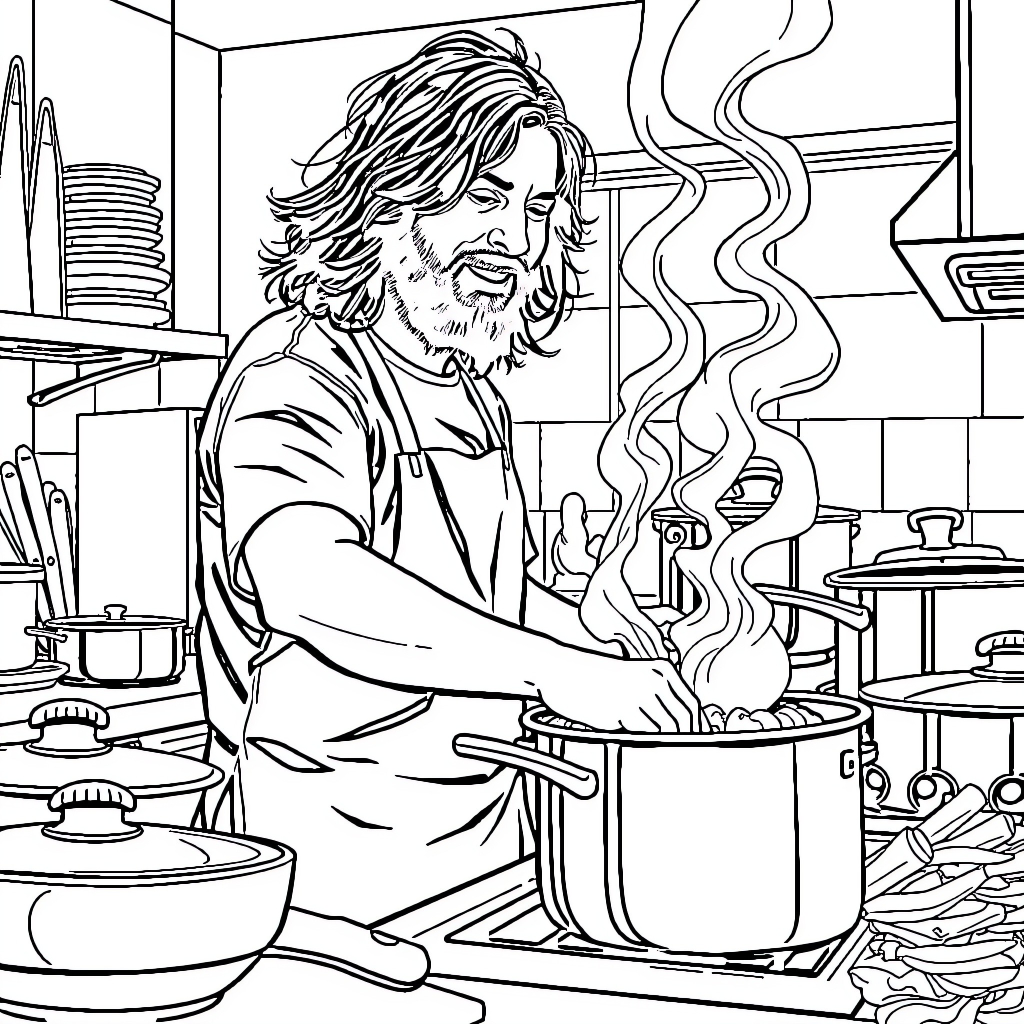Dave Grohl cooking in a bustling kitchen Coloring Page (free black-and-white line drawing printable PDF for all, from beginners to advanced learners, including children, teens, adults, and seniors)