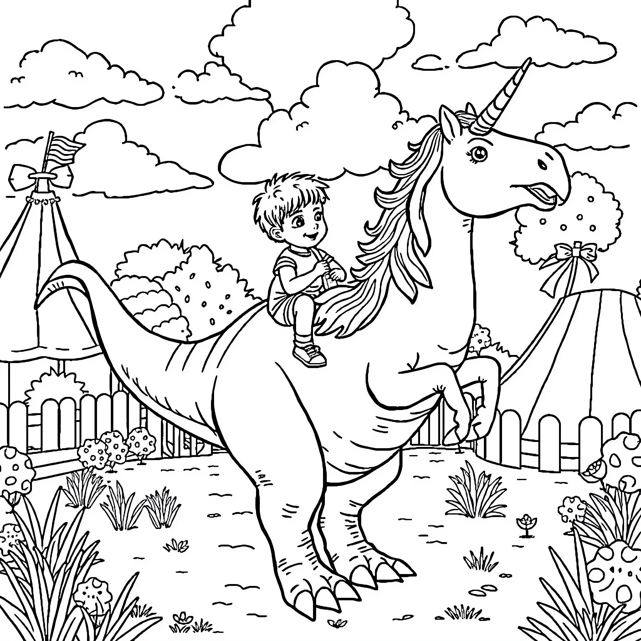 Boy riding a magical unicorn in a fantastical landscape Coloring Page (free black-and-white line drawing printable PDF for all, from beginners to advanced learners, including children, teens, adults, and seniors)