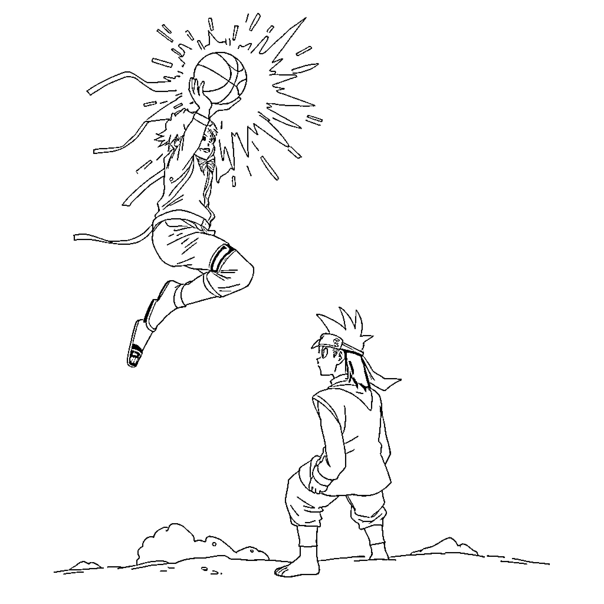Naruto characters in action poses Coloring Page (free black-and-white line drawing printable PDF for all, from beginners to advanced learners, including children, teens, adults, and seniors)