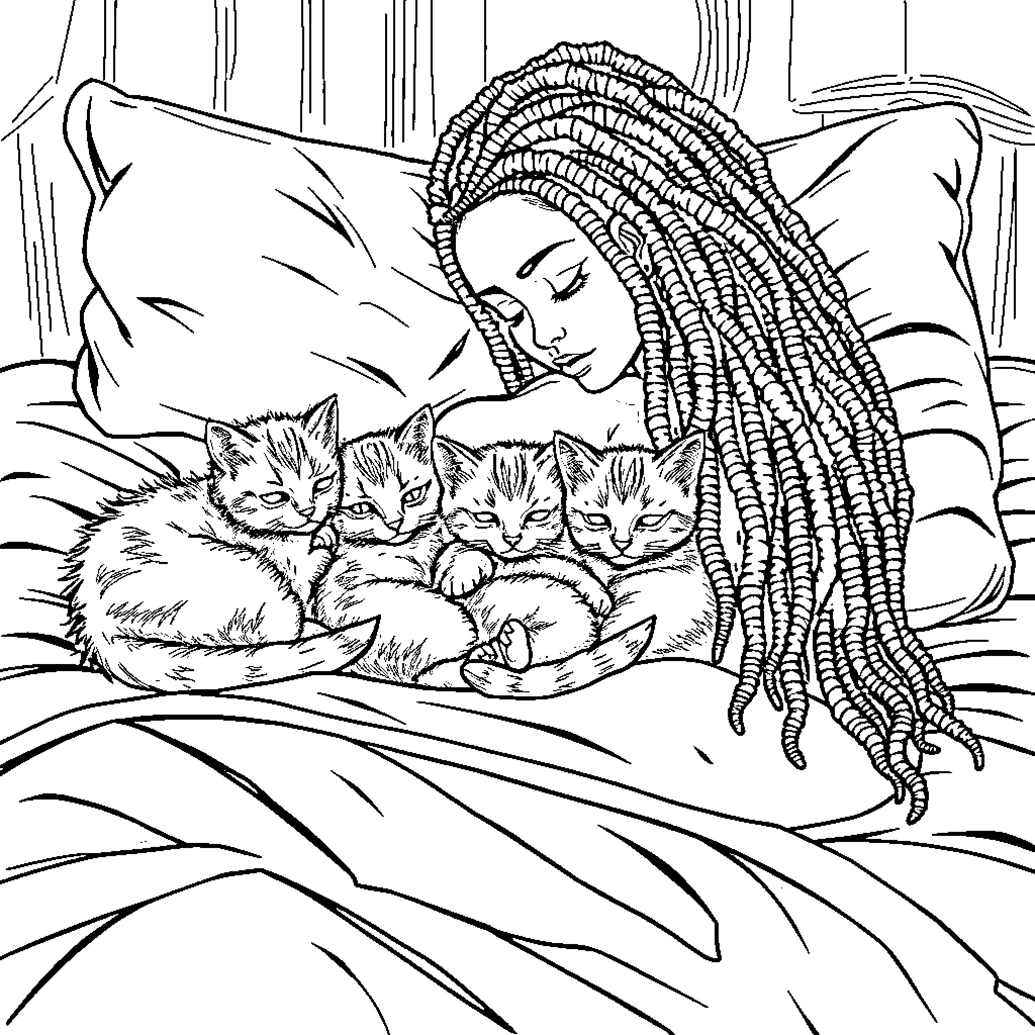 Cat and kittens napping in cozy bed Coloring Page (free black-and-white line drawing printable PDF for all, from beginners to advanced learners, including children, teens, adults, and seniors)