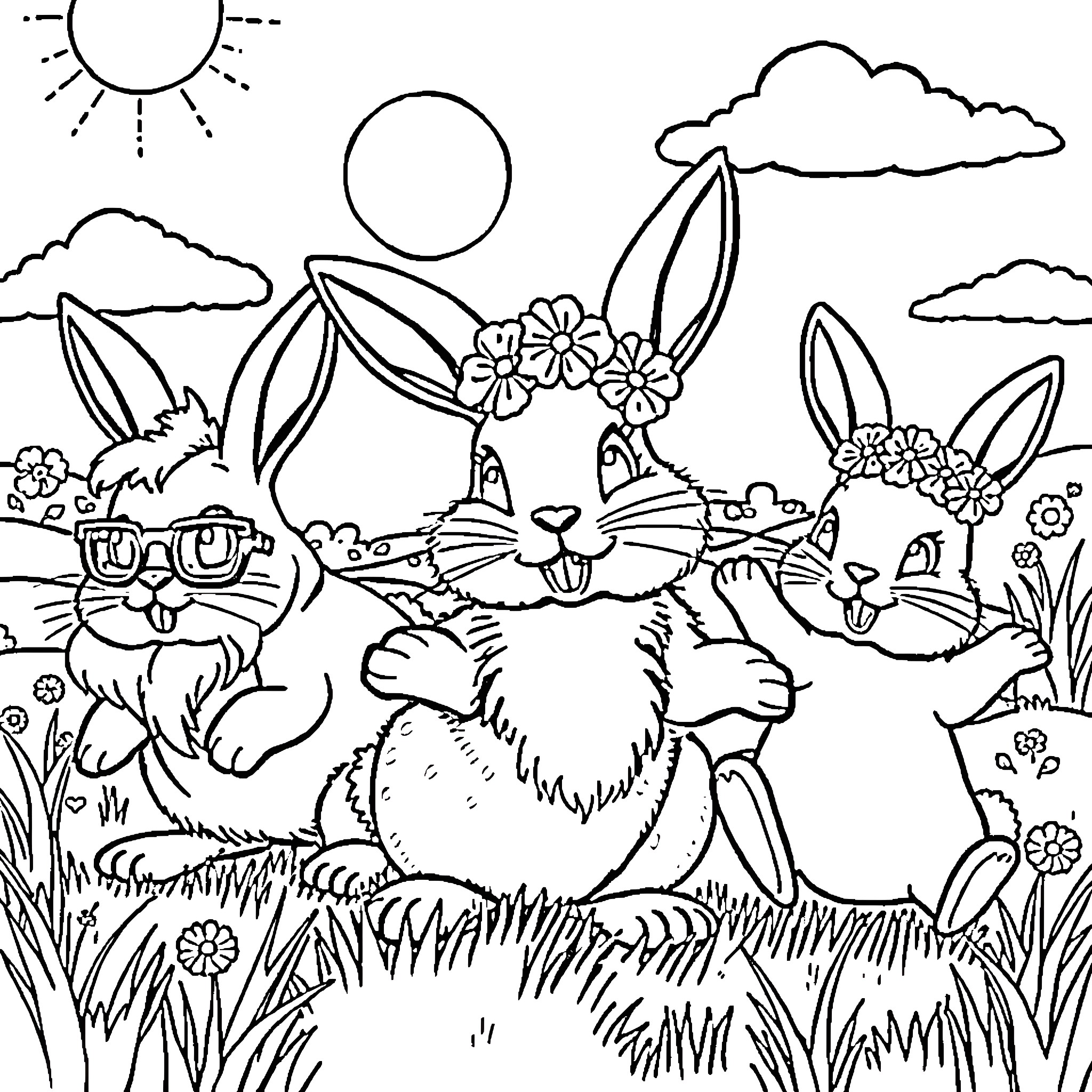 Bunnies frolicking in a floral meadow Coloring Page (free black-and-white line drawing printable PDF for all, from beginners to advanced learners, including children, teens, adults, and seniors)