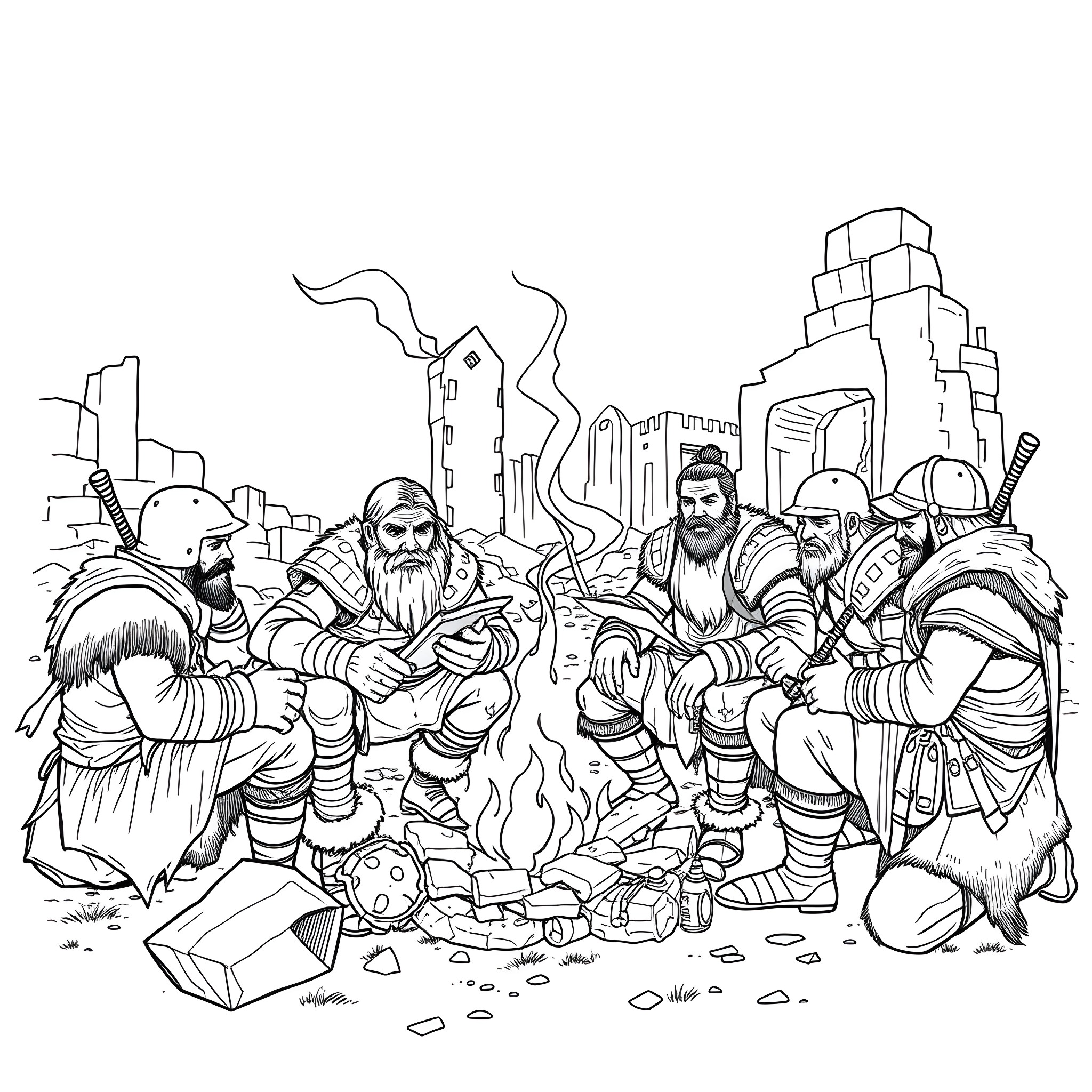 Marauder Warriors Gathering in Ruined City Coloring Page (free black-and-white line drawing printable PDF for all, from beginners to advanced learners, including children, teens, adults, and seniors)