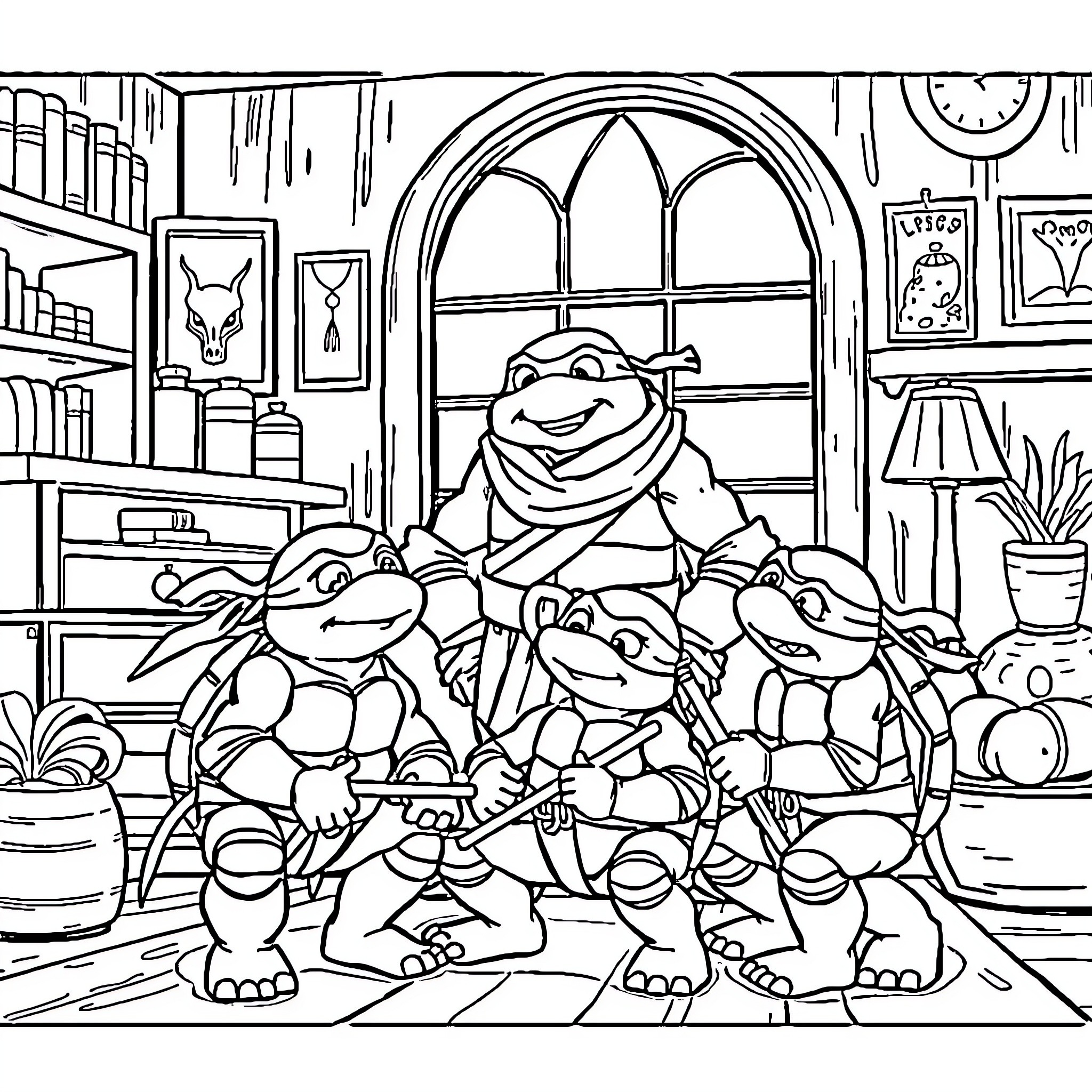 Master Splinter teaching his ninja turtle students Coloring Page (free black-and-white line drawing printable PDF for all, from beginners to advanced learners, including children, teens, adults, and seniors)