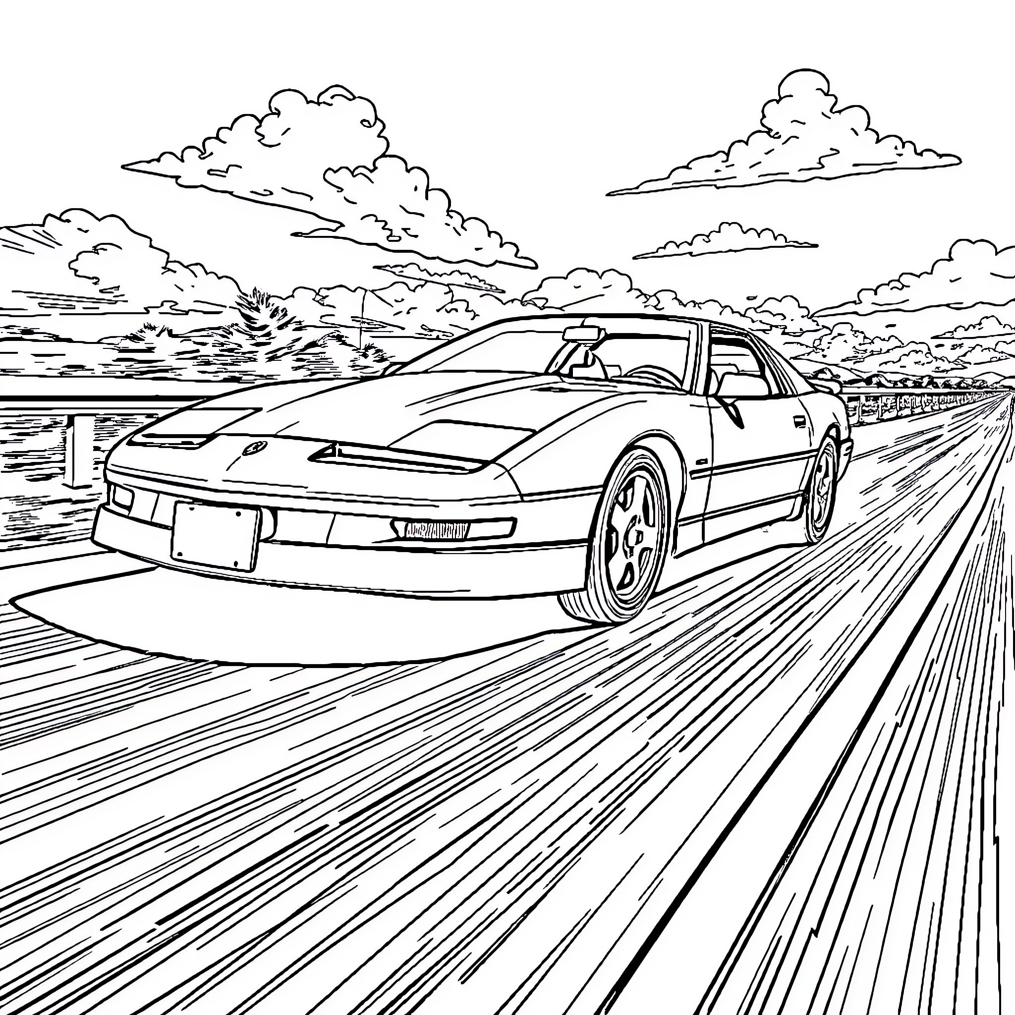 Pontiac Firebird speeding through a scenic landscape Coloring Page (free black-and-white line drawing printable PDF for all, from beginners to advanced learners, including children, teens, adults, and seniors)