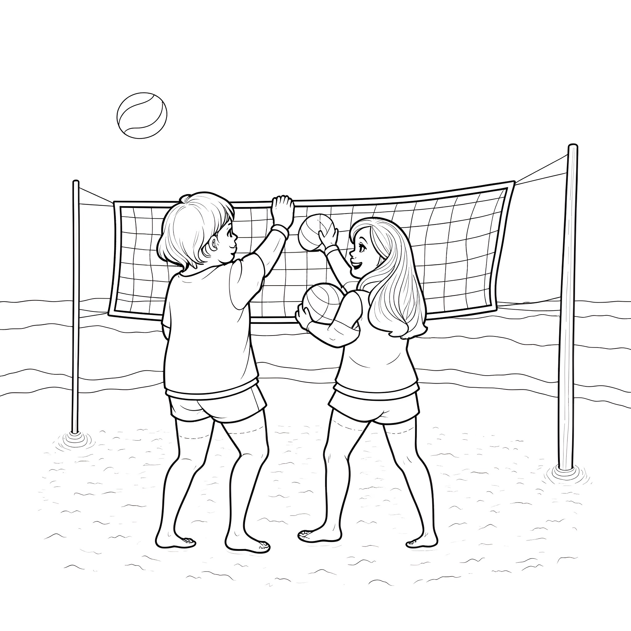 Zodiac children playing volleyball on the beach Coloring Page (free black-and-white line drawing printable PDF for all, from beginners to advanced learners, including children, teens, adults, and seniors)