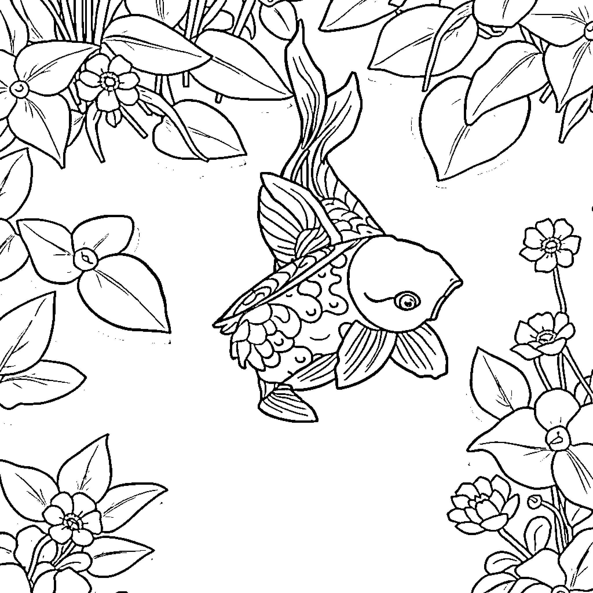 Koi swimming amidst floral patterns Coloring Page (free black-and-white line drawing printable PDF for all, from beginners to advanced learners, including children, teens, adults, and seniors)