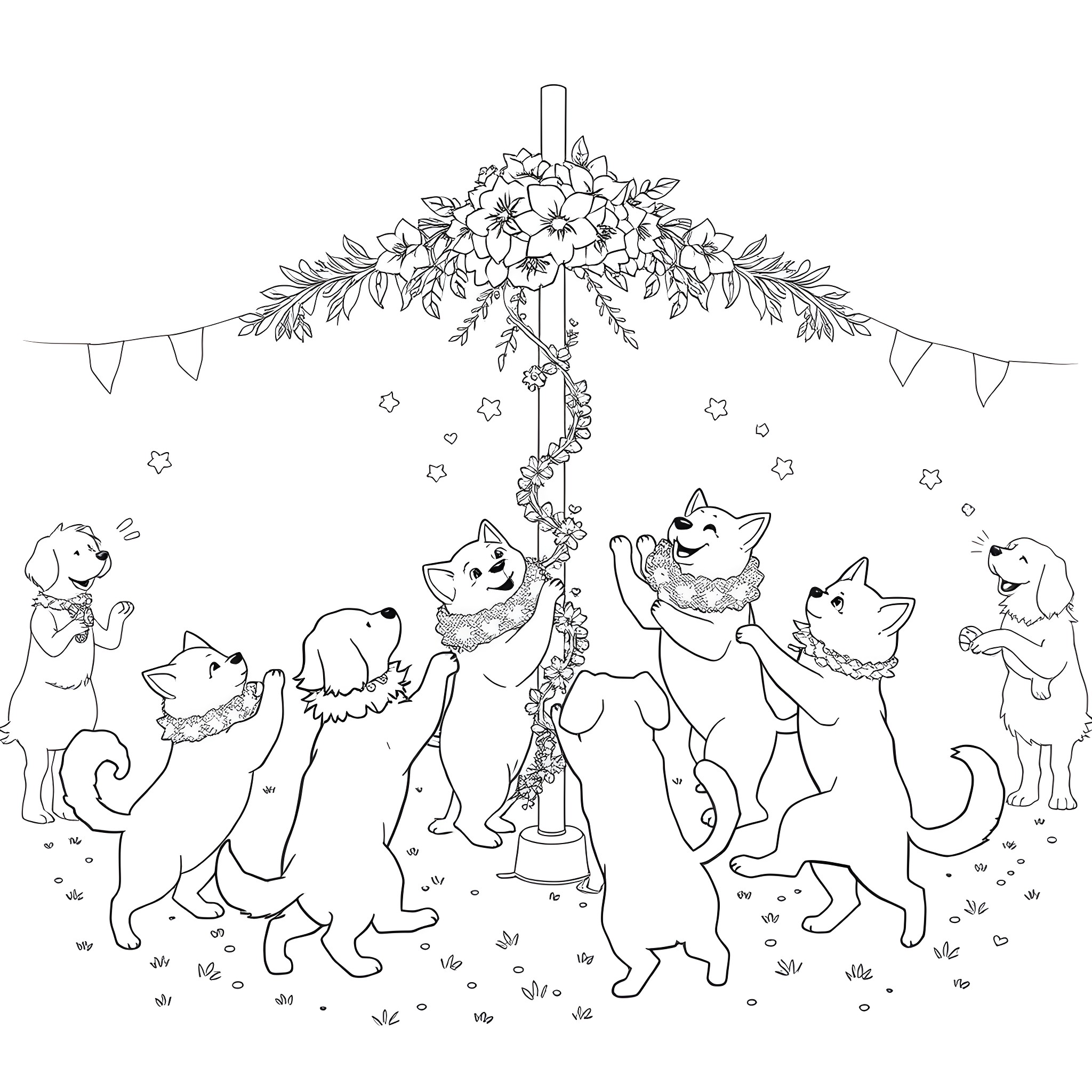 Dog and Cat Playing Under Decorated Archway Coloring Page (free black-and-white line drawing printable PDF for all, from beginners to advanced learners, including children, teens, adults, and seniors)