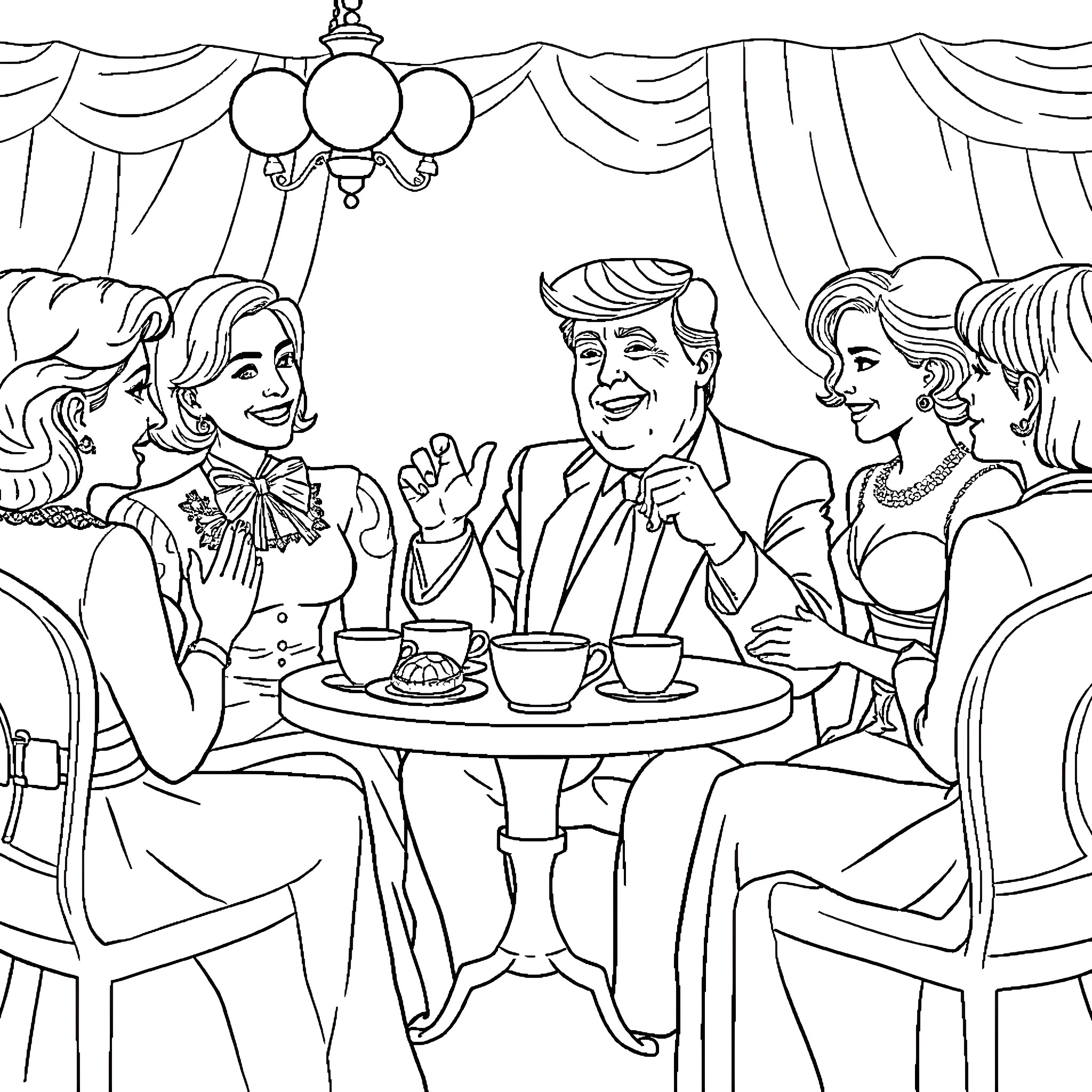 Donald Trump enjoying a fancy dinner party with guests Coloring Page (free black-and-white line drawing printable PDF for all, from beginners to advanced learners, including children, teens, adults, and seniors)