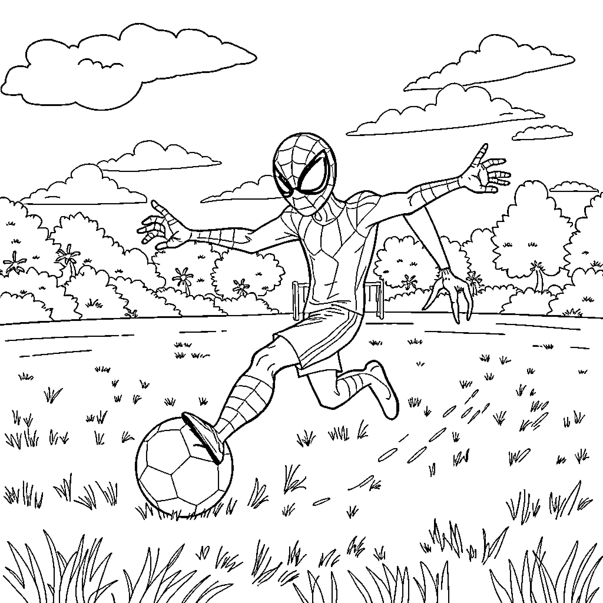 Spidy kicking a soccer ball in the park Coloring Page (free black-and-white line drawing printable PDF for all, from beginners to advanced learners, including children, teens, adults, and seniors)