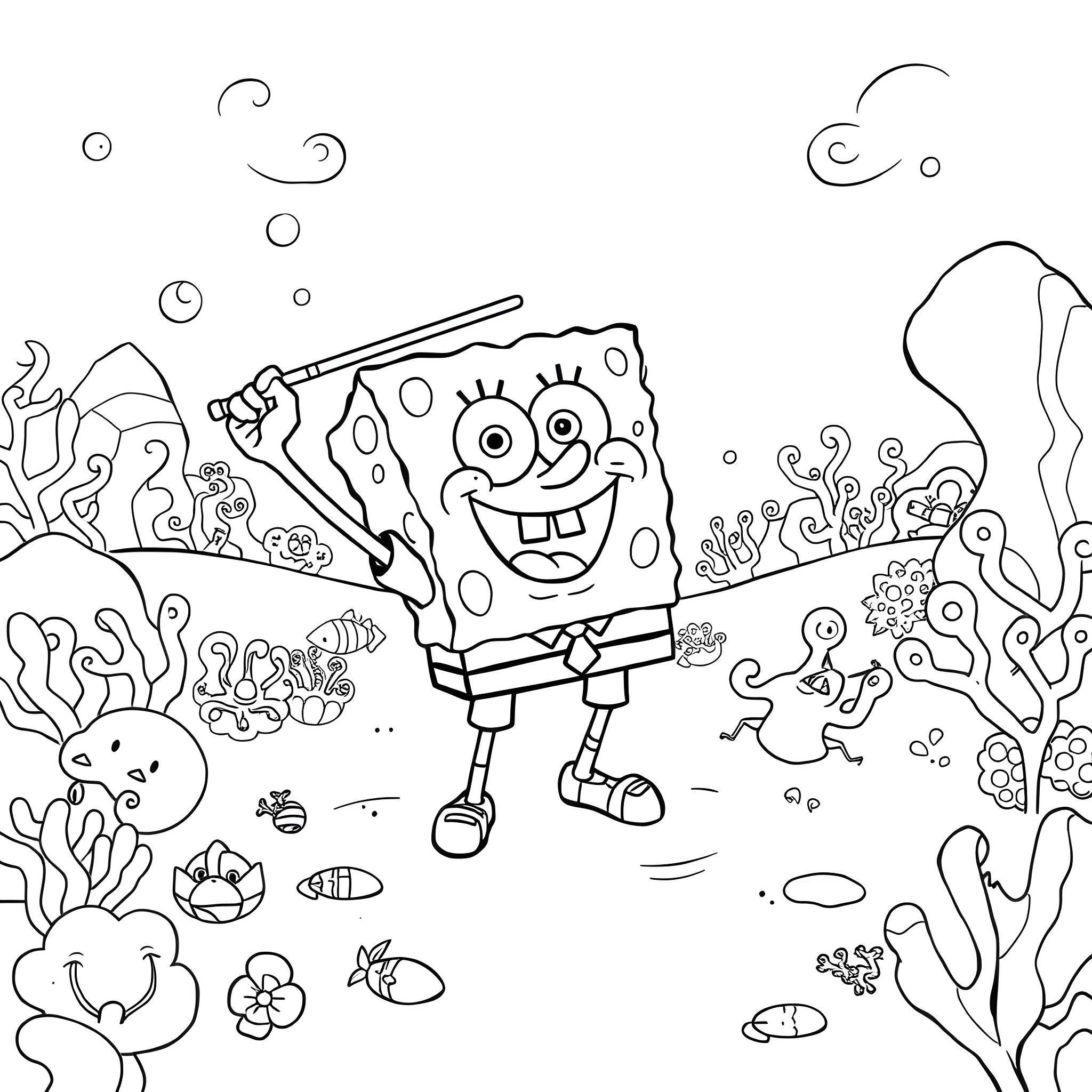 Spongebob exploring the underwater world Coloring Page (free black-and-white line drawing printable PDF for all, from beginners to advanced learners, including children, teens, adults, and seniors)