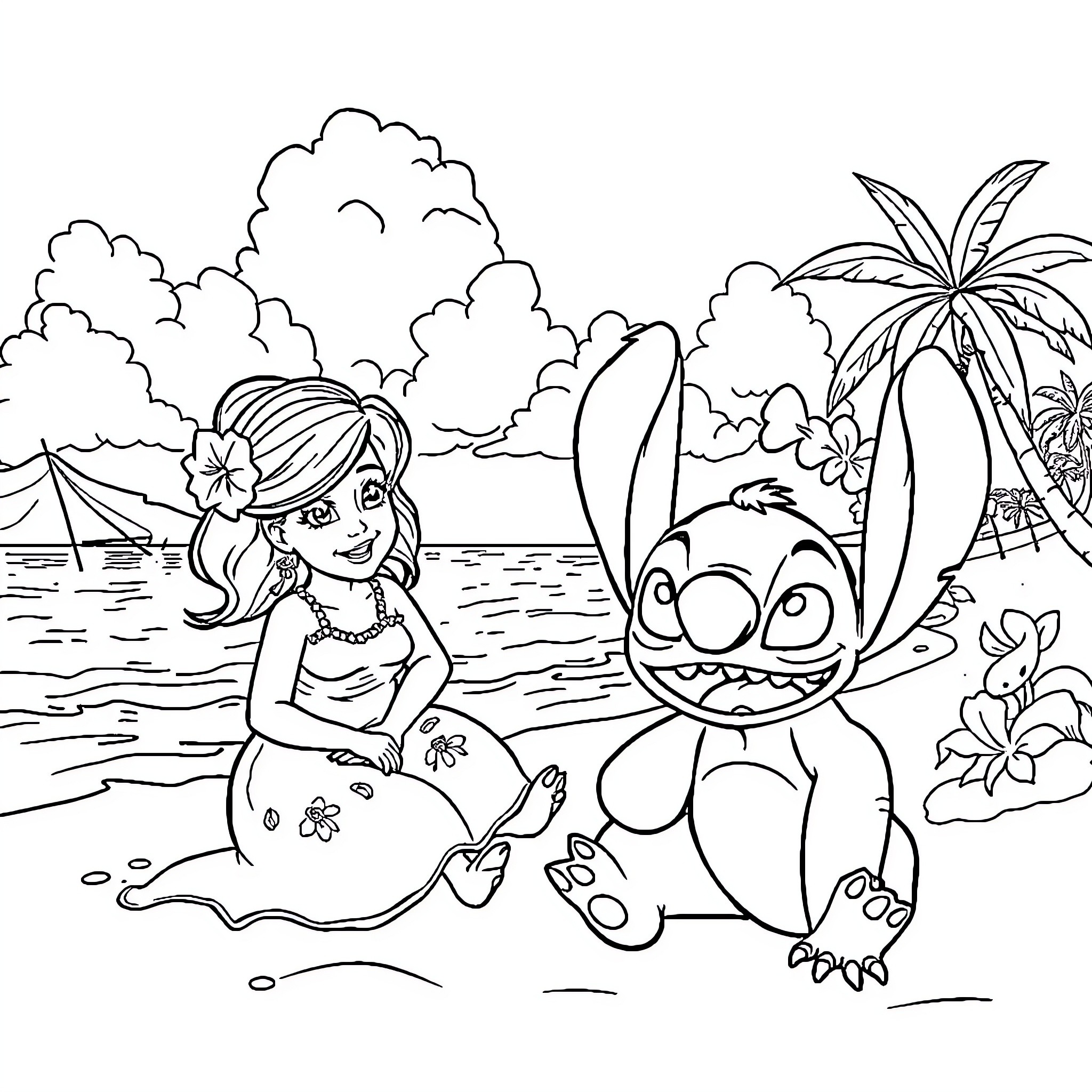 Lilo and Stitch enjoying a beach adventure Coloring Page (free black-and-white line drawing printable PDF for all, from beginners to advanced learners, including children, teens, adults, and seniors)