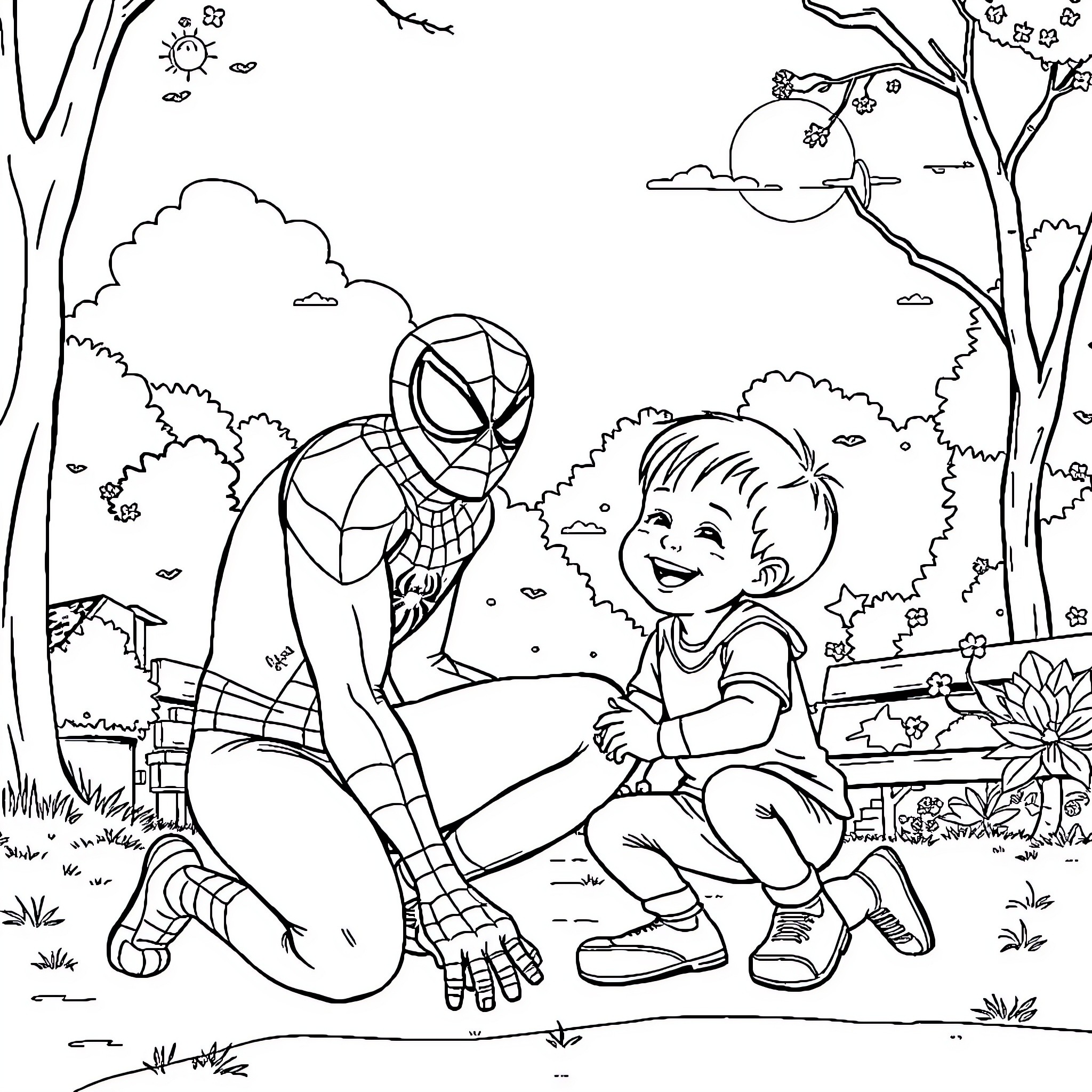 Spiderman helps a young boy in the park Coloring Page (free black-and-white line drawing printable PDF for all, from beginners to advanced learners, including children, teens, adults, and seniors)