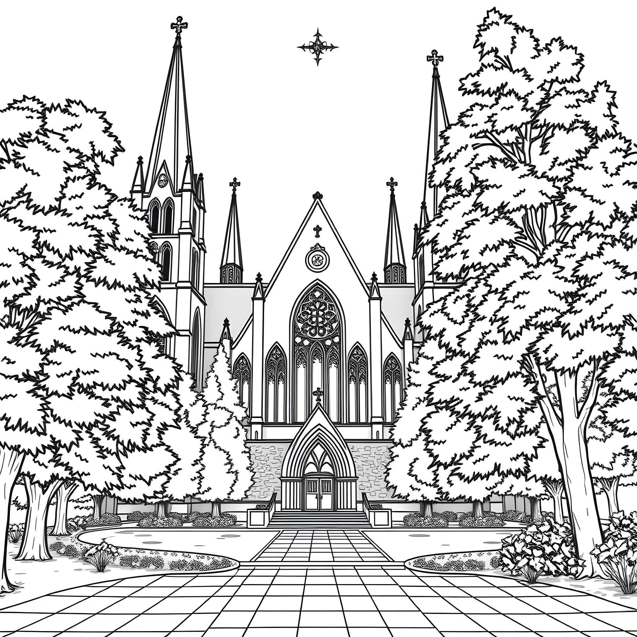 Church with Gothic architecture and trees Coloring Page (free black-and-white line drawing printable PDF for all, from beginners to advanced learners, including children, teens, adults, and seniors)