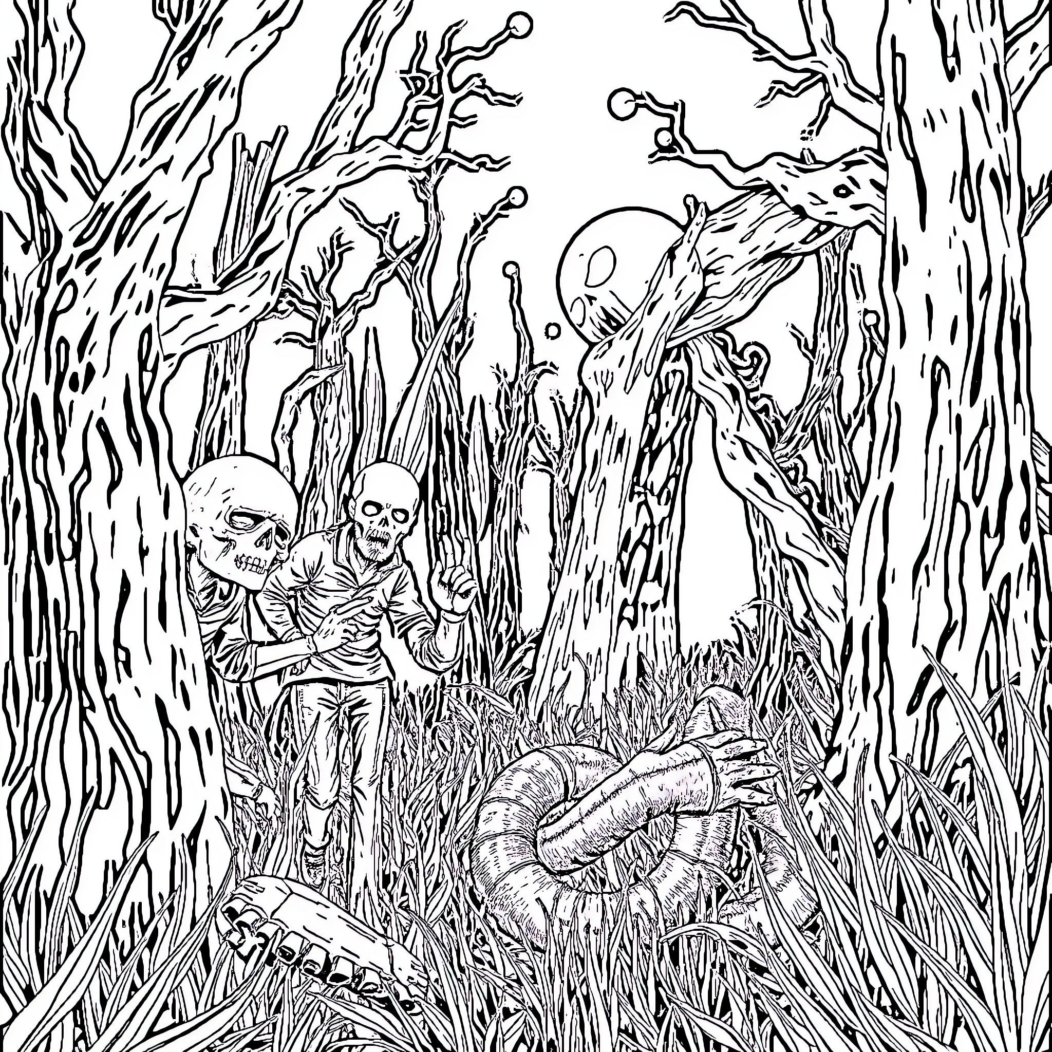 Clicker's Spooky Encounter in the Eerie Forest Coloring Page (free black-and-white line drawing printable PDF for all, from beginners to advanced learners, including children, teens, adults, and seniors)