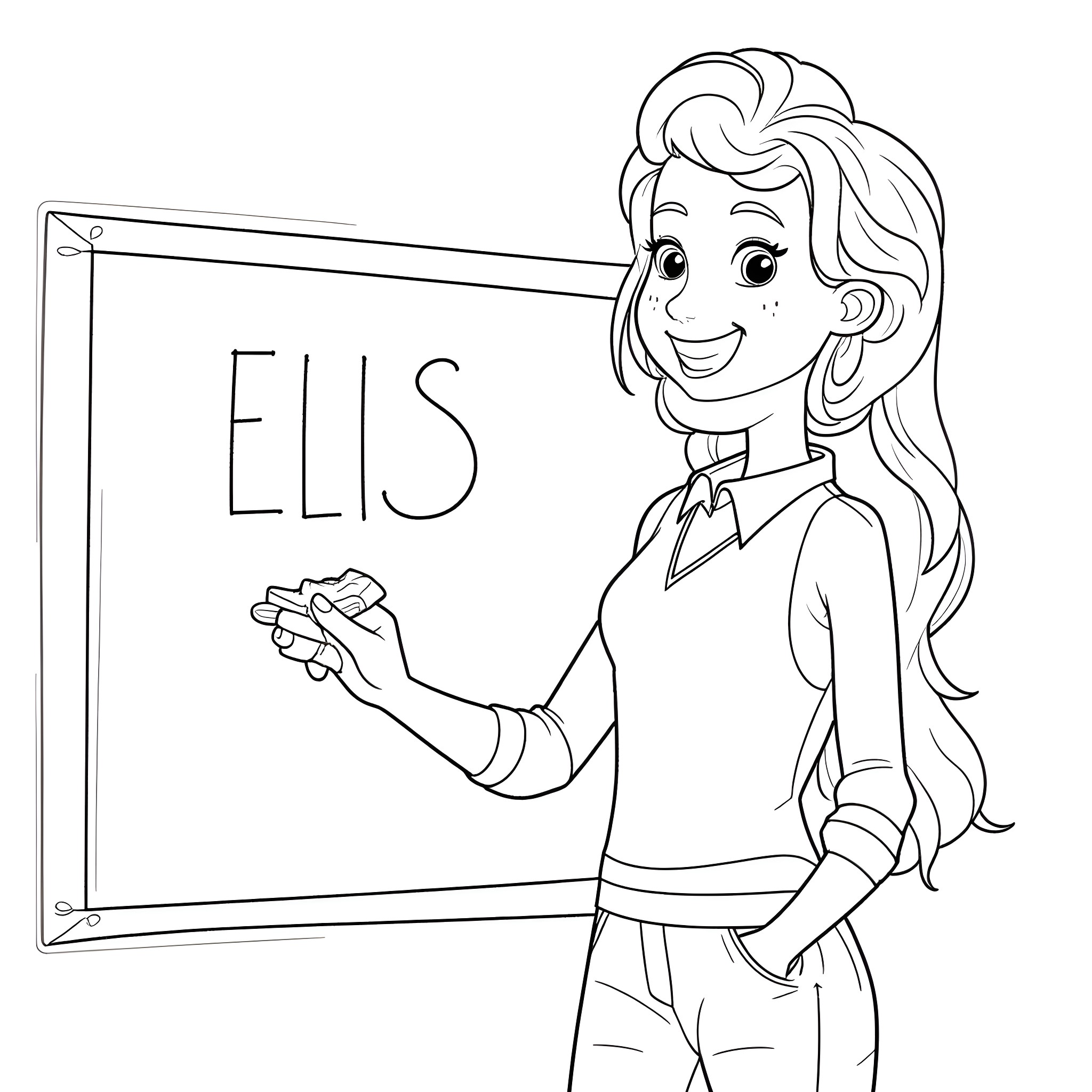 Anya teaching English in the classroom Coloring Page (free black-and-white line drawing printable PDF for all, from beginners to advanced learners, including children, teens, adults, and seniors)
