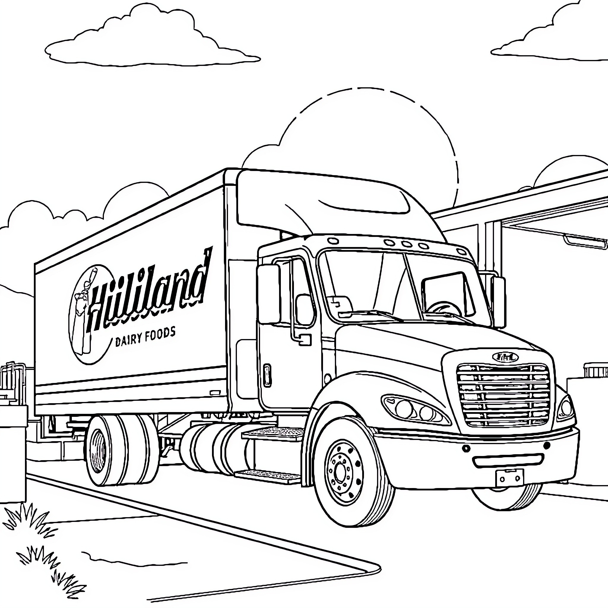 Milk Truck Transporting Dairy Products on the Road Coloring Page (free black-and-white line drawing printable PDF for all, from beginners to advanced learners, including children, teens, adults, and seniors)
