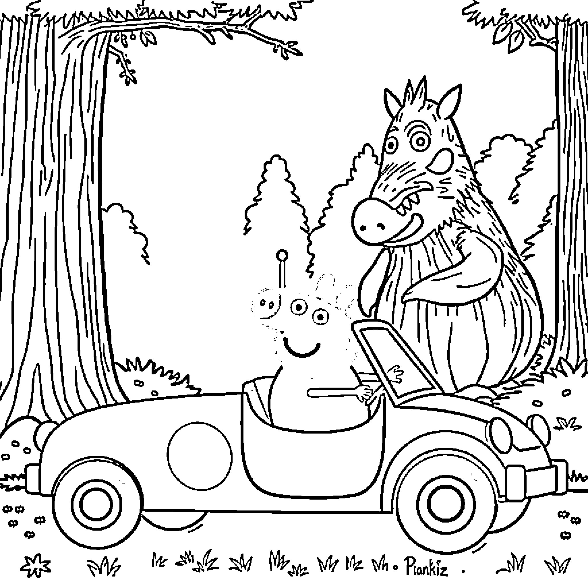 Bluey and friends explore the forest in a car Coloring Page (free black-and-white line drawing printable PDF for all, from beginners to advanced learners, including children, teens, adults, and seniors)
