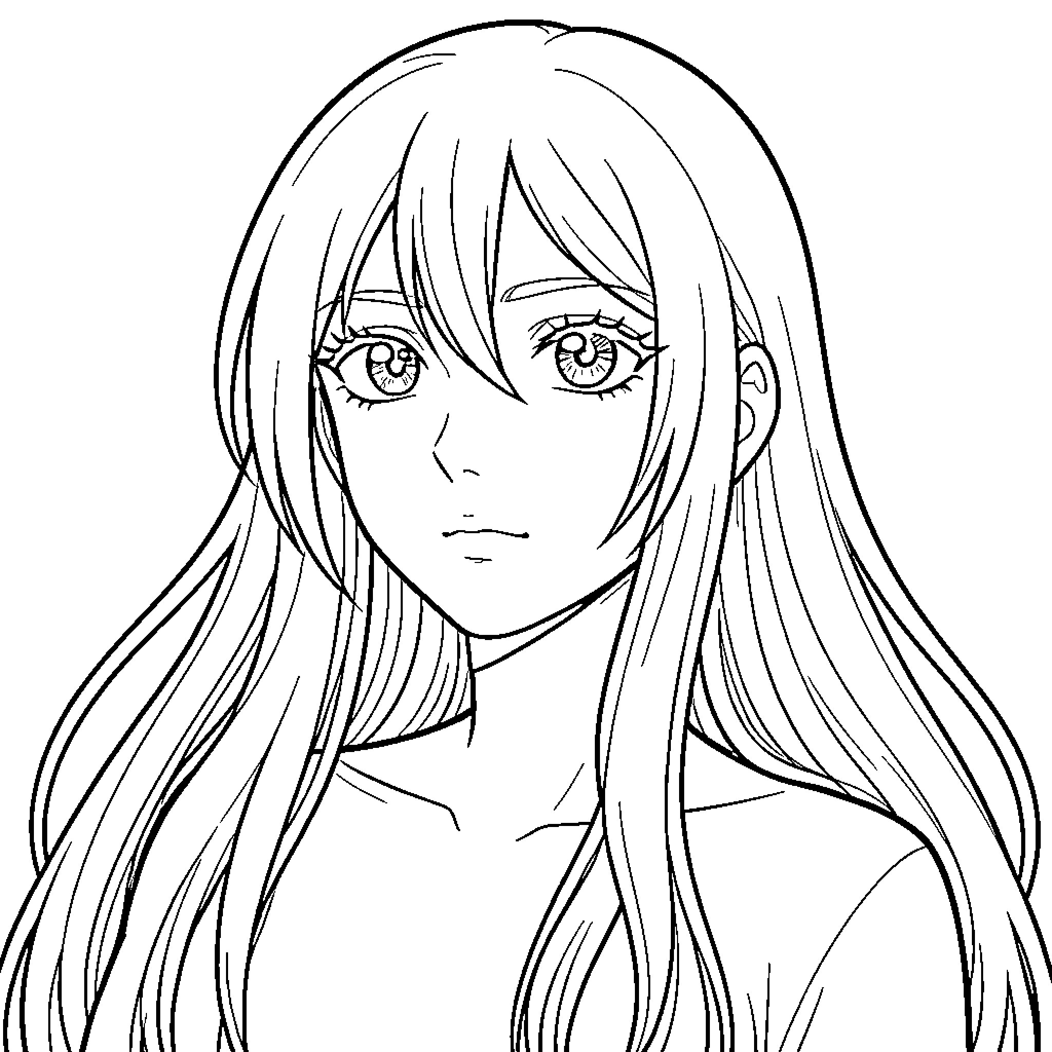 Anime Woman with long hair and a calm expression Coloring Page (free black-and-white line drawing printable PDF for all, from beginners to advanced learners, including children, teens, adults, and seniors)