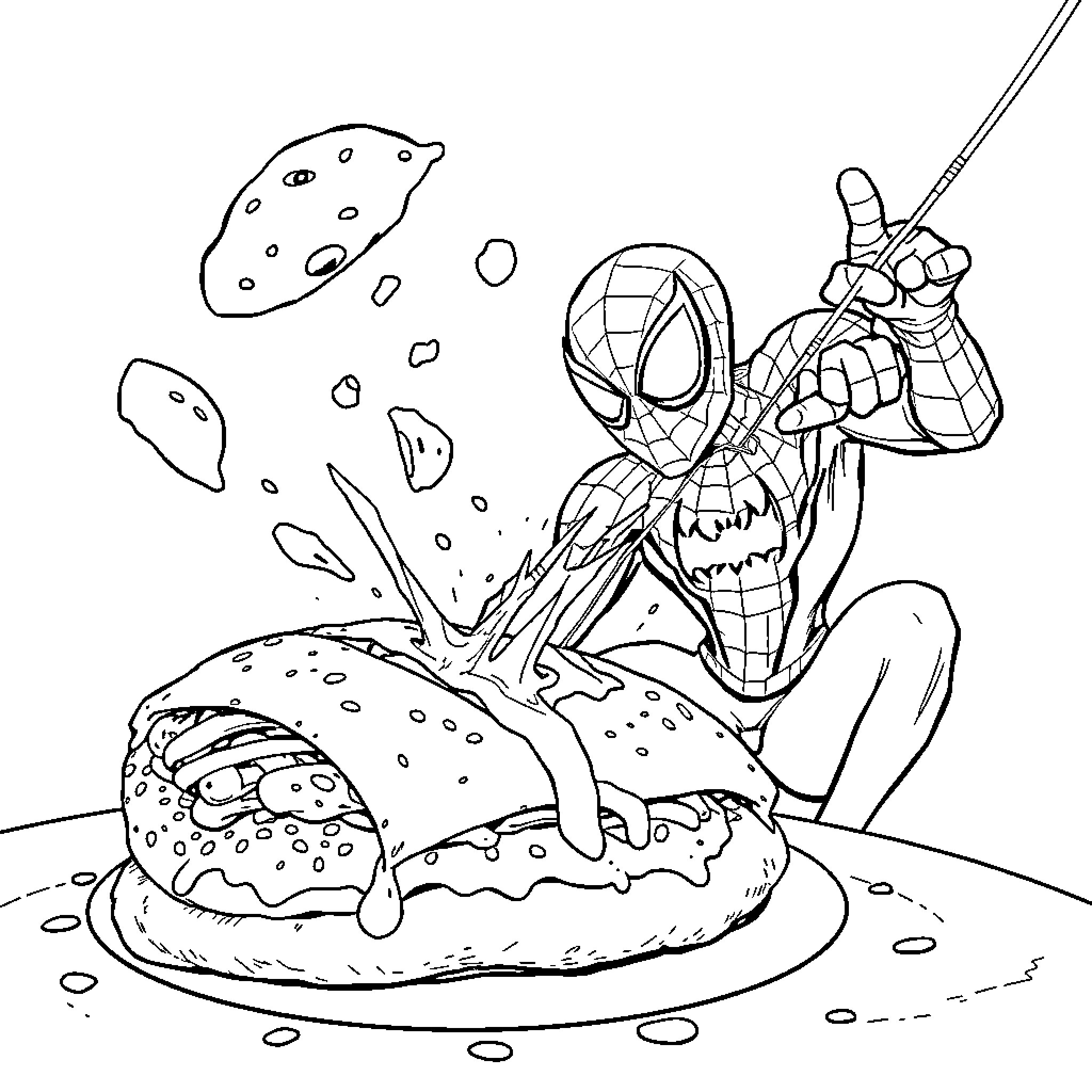Spiderman fighting a giant cheeseburger Coloring Page (free black-and-white line drawing printable PDF for all, from beginners to advanced learners, including children, teens, adults, and seniors)
