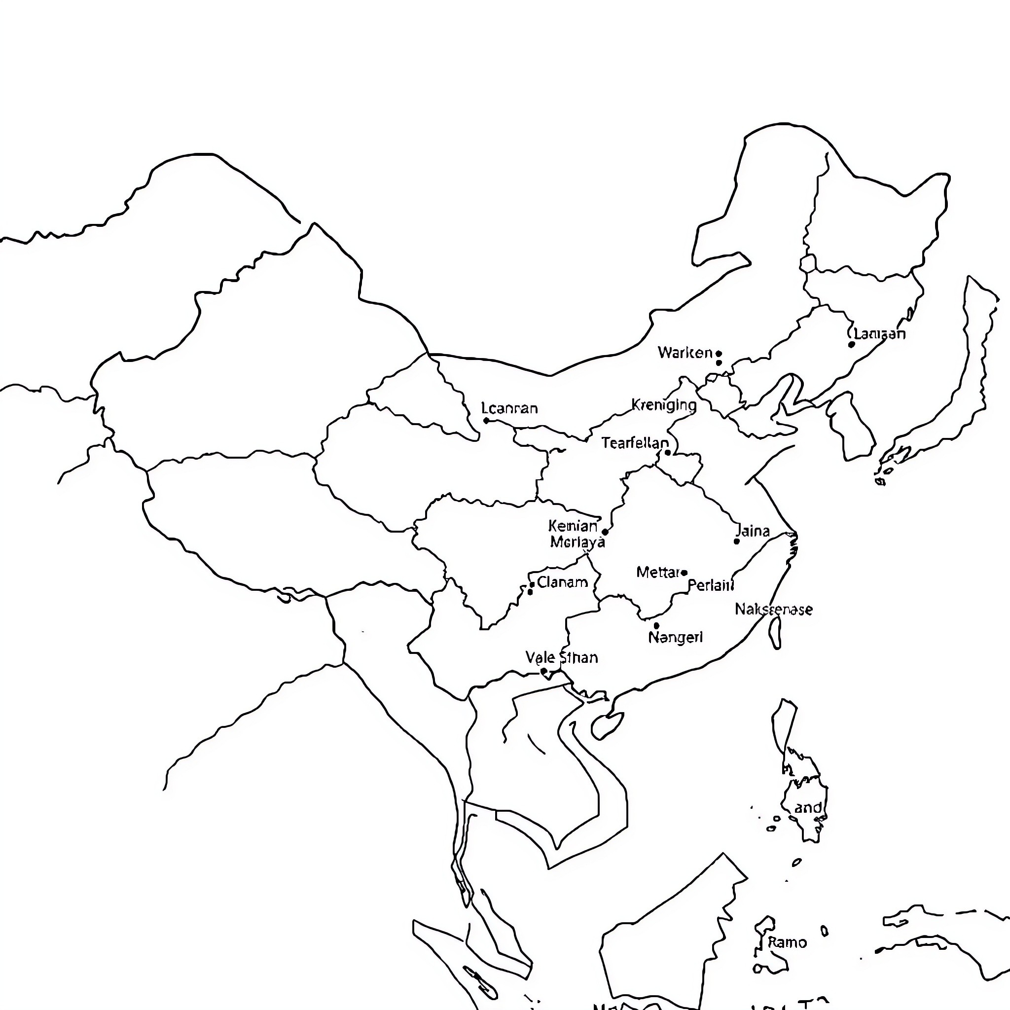 Map of Regions and Cities in East Asia Coloring Page (free black-and-white line drawing printable PDF for all, from beginners to advanced learners, including children, teens, adults, and seniors)
