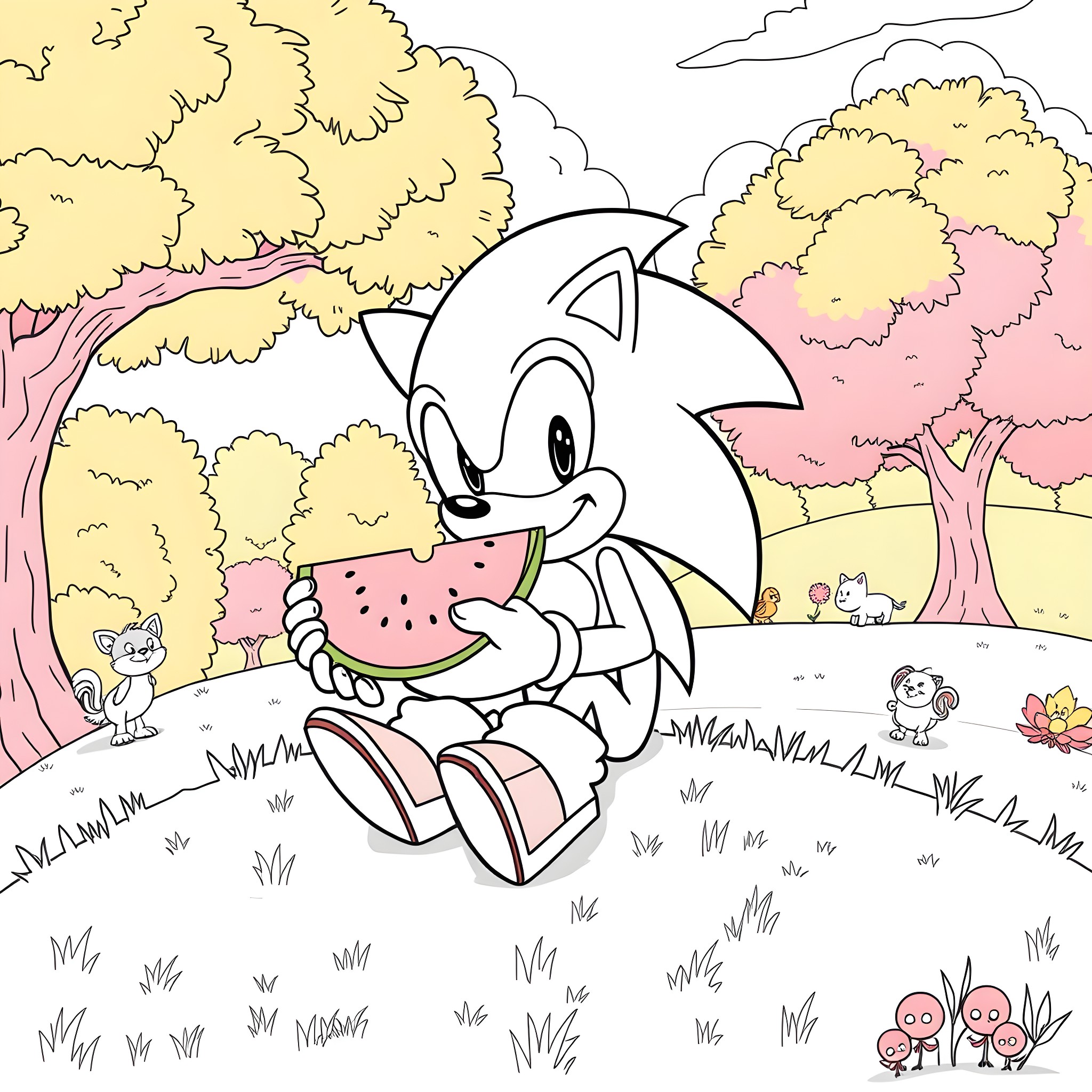 Sonic Enjoying a Watermelon in a Vibrant Outdoor Scene Coloring Page (free black-and-white line drawing printable PDF for all, from beginners to advanced learners, including children, teens, adults, and seniors)