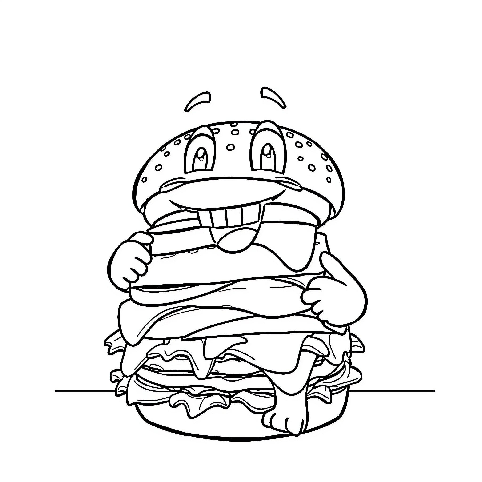 Tralalero Silly Burger Creature with a Grin Coloring Page (free black-and-white line drawing printable PDF for all, from beginners to advanced learners, including children, teens, adults, and seniors)