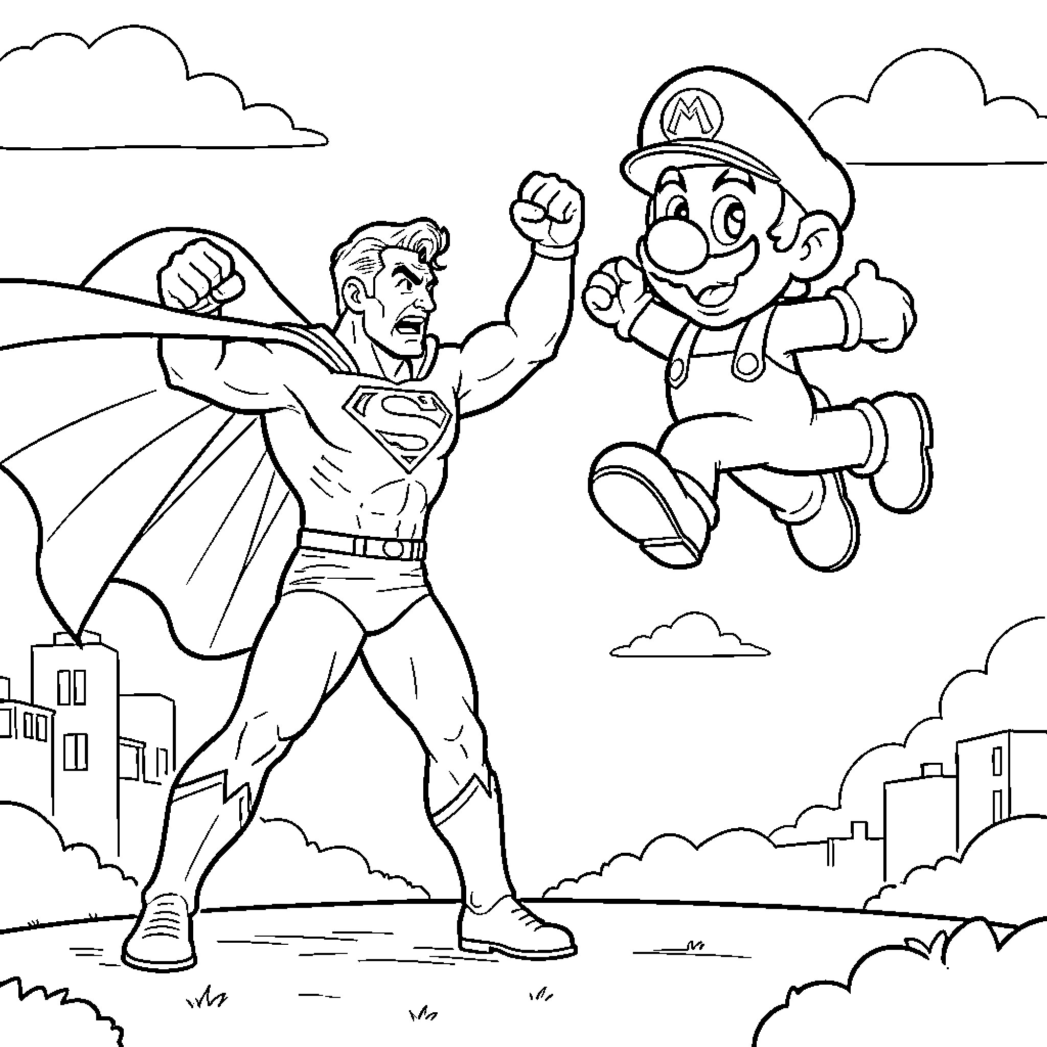 Superman saves Super Mario from city peril Coloring Page (free black-and-white line drawing printable PDF for all, from beginners to advanced learners, including children, teens, adults, and seniors)