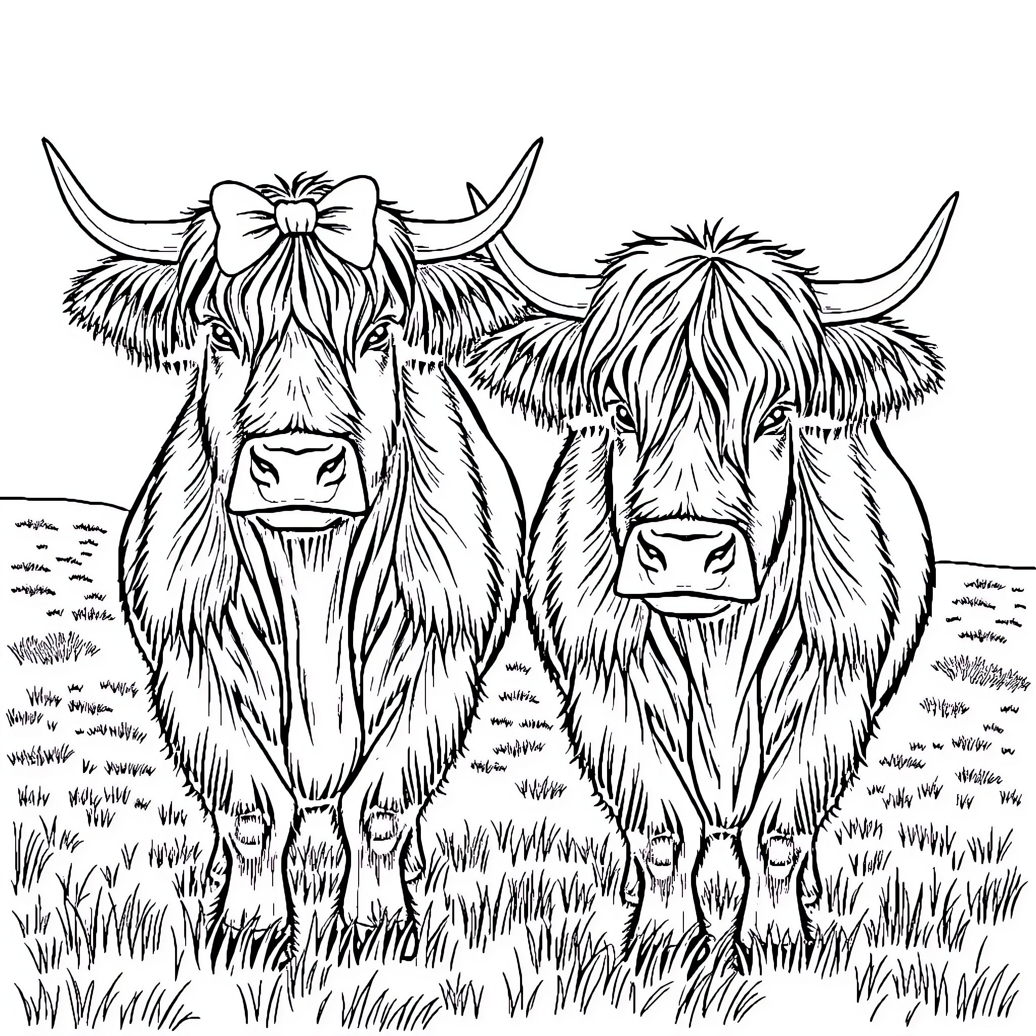 Scottish Highland Cattle grazing peacefully in the meadow Coloring Page (free black-and-white line drawing printable PDF for all, from beginners to advanced learners, including children, teens, adults, and seniors)