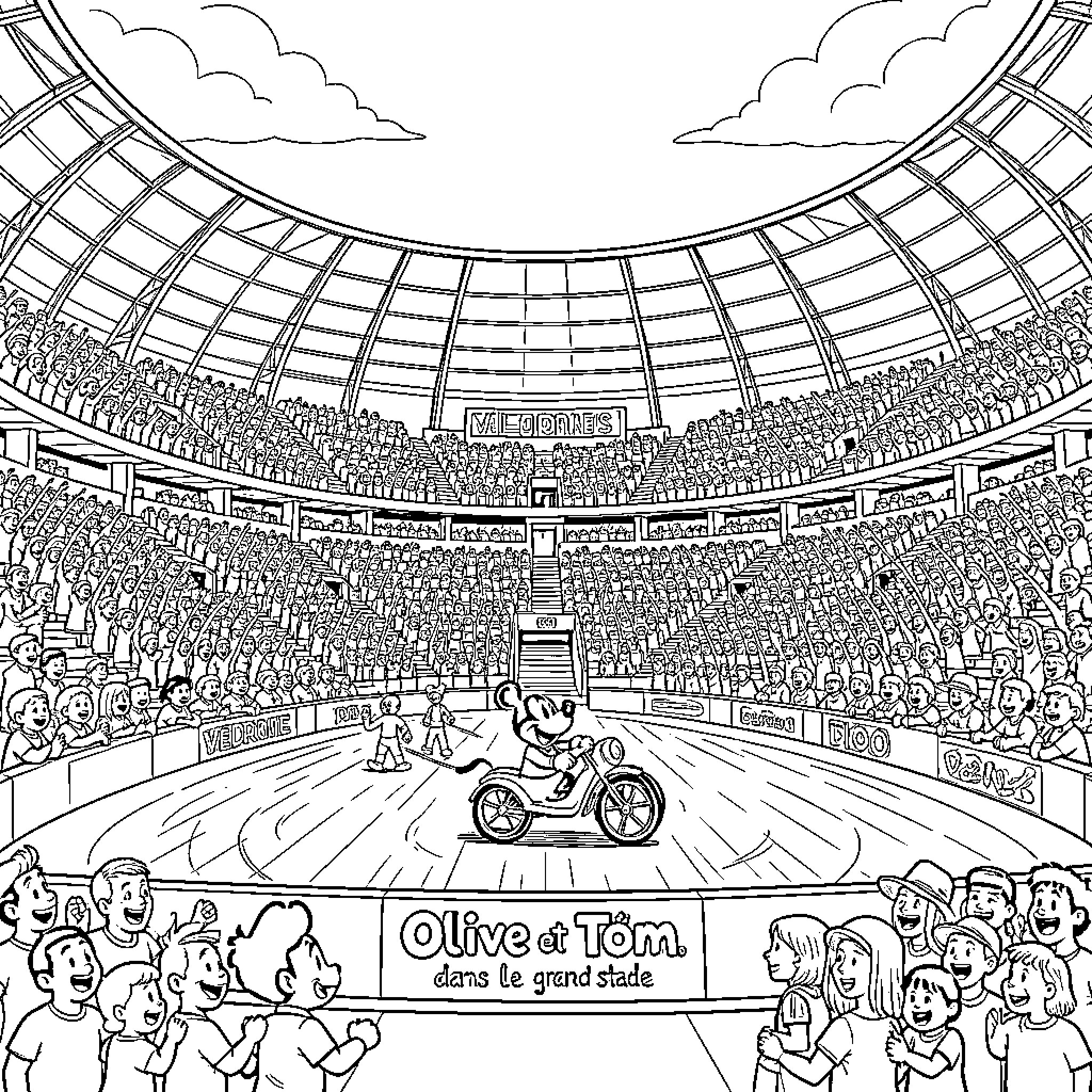 Olive riding a small scooter in a crowded stadium Coloring Page (free black-and-white line drawing printable PDF for all, from beginners to advanced learners, including children, teens, adults, and seniors)