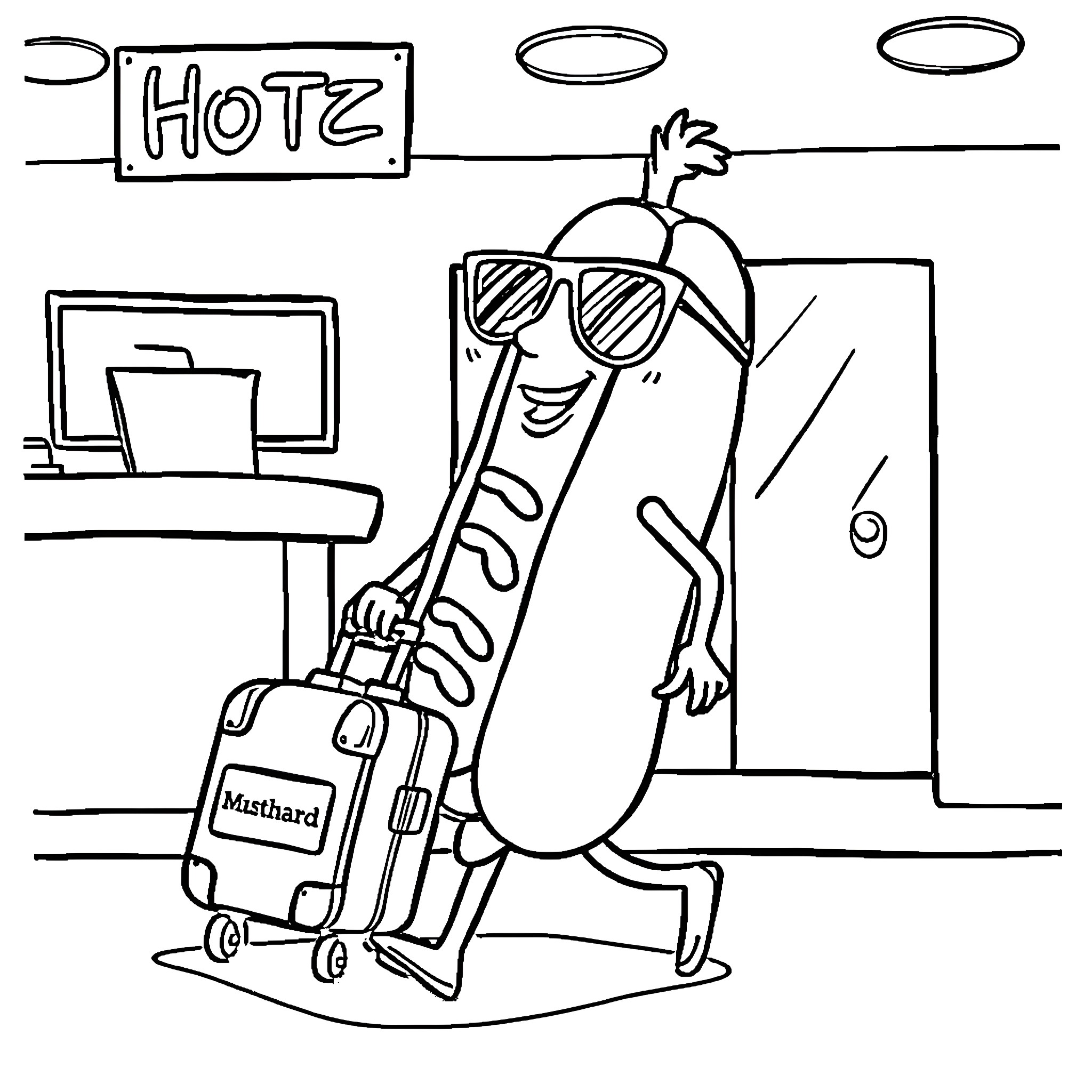 Corndog character traveling with luggage at Hotz Coloring Page (free black-and-white line drawing printable PDF for all, from beginners to advanced learners, including children, teens, adults, and seniors)