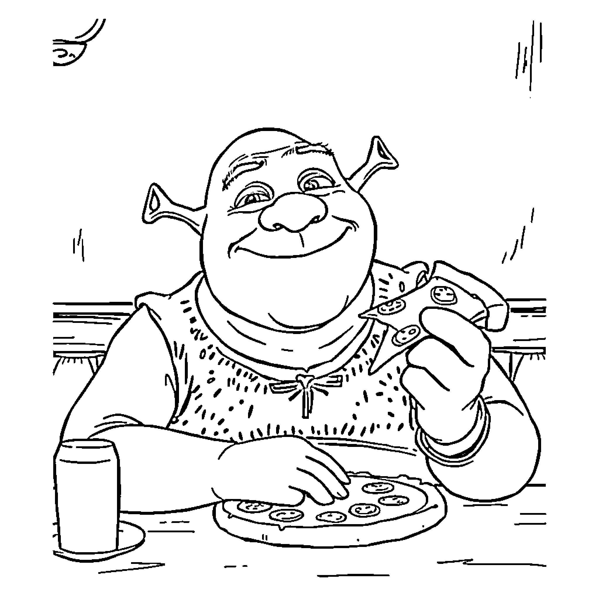Shrek enjoying his favorite meal with glee Coloring Page (free black-and-white line drawing printable PDF for all, from beginners to advanced learners, including children, teens, adults, and seniors)