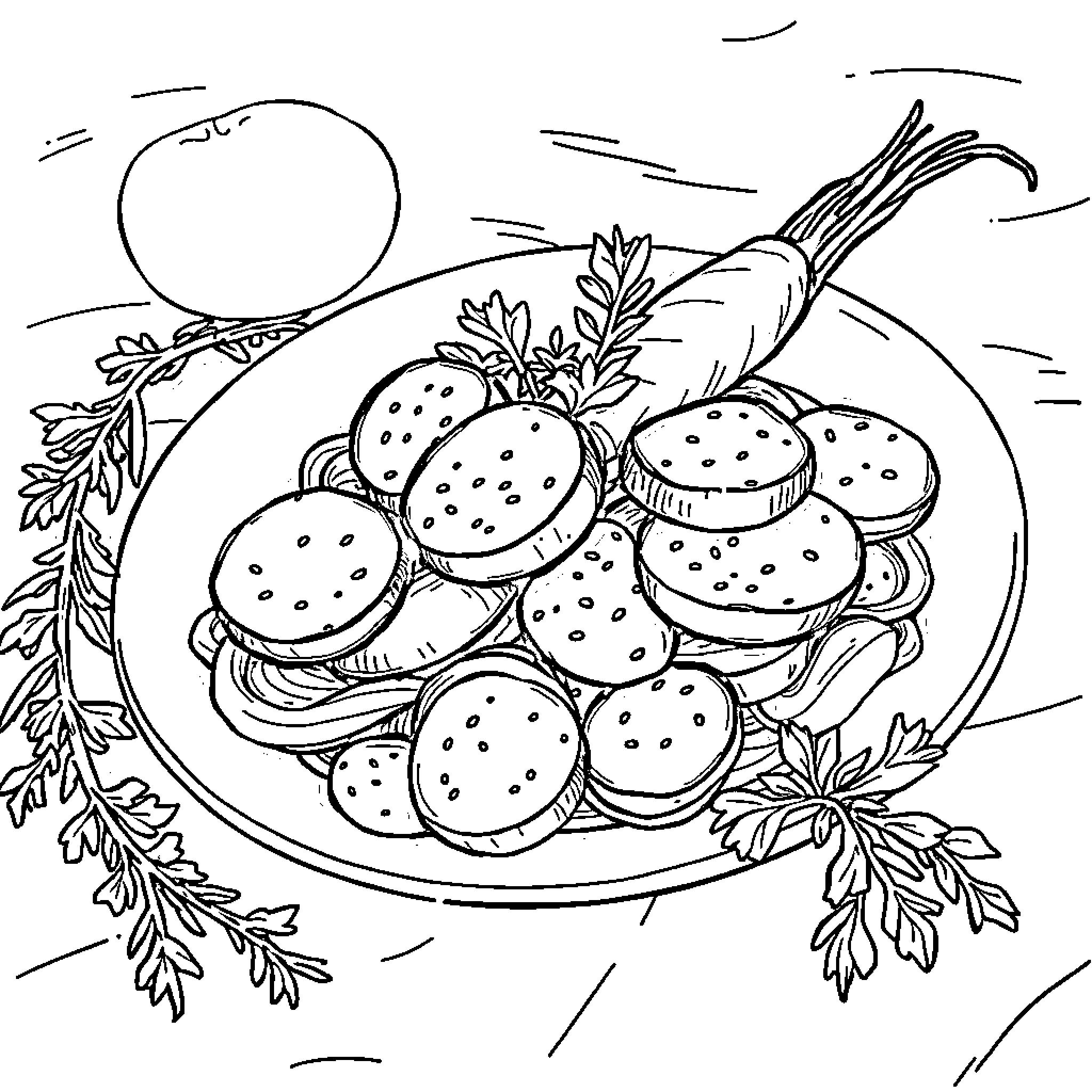 Italian Homemade Baked Goods on a Rustic Platter Coloring Page (free black-and-white line drawing printable PDF for all, from beginners to advanced learners, including children, teens, adults, and seniors)