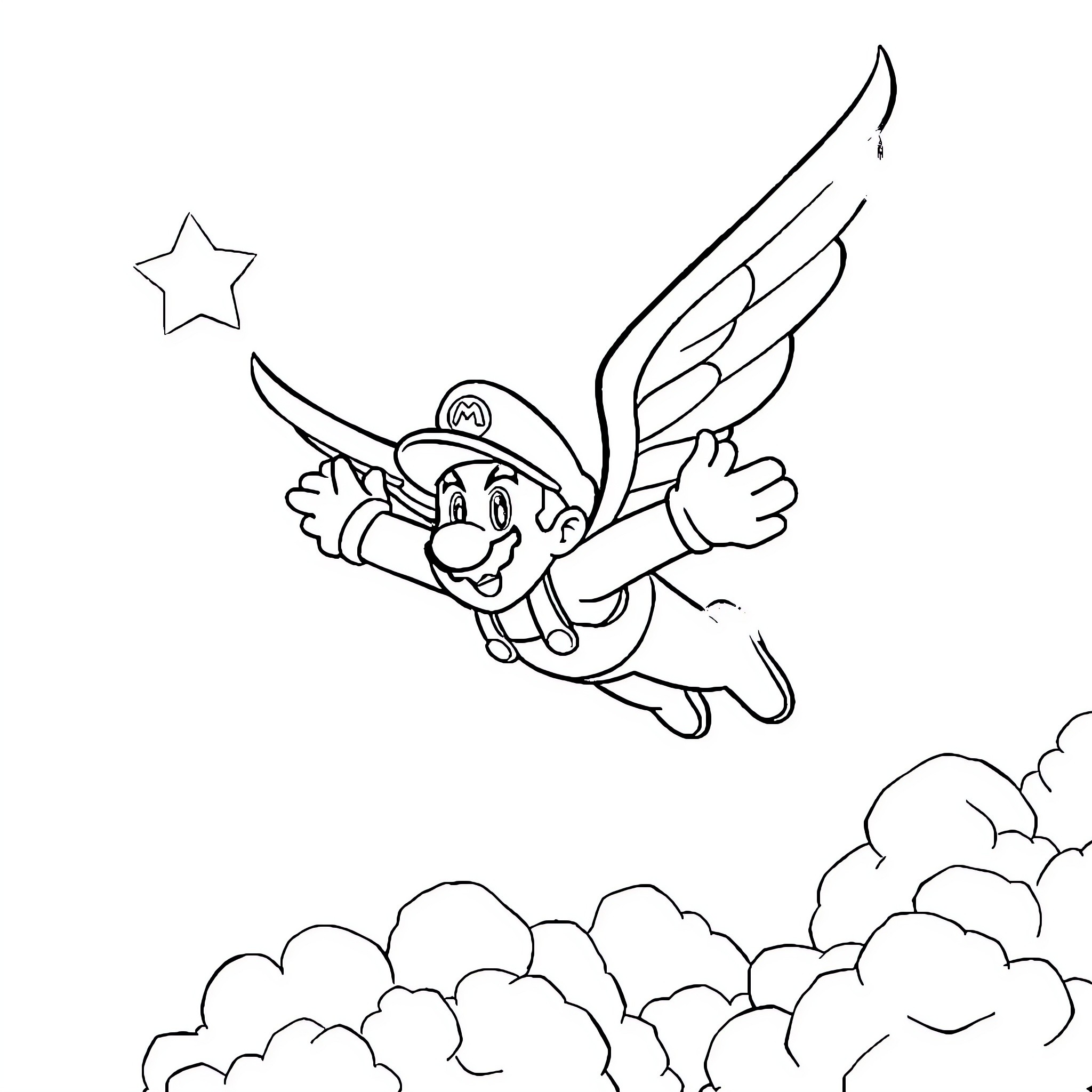 Mario soaring through the skies with wings Coloring Page (free black-and-white line drawing printable PDF for all, from beginners to advanced learners, including children, teens, adults, and seniors)