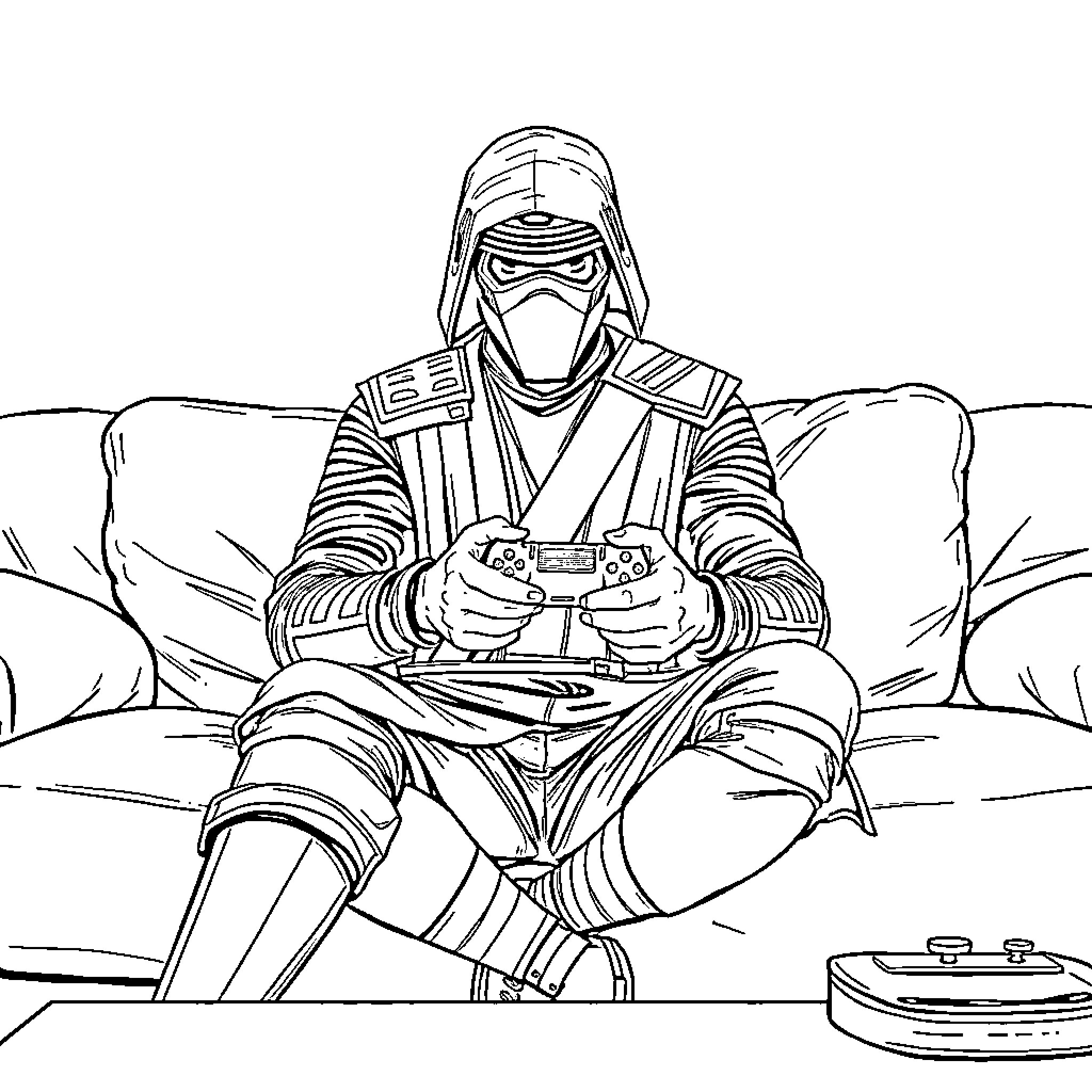 Kylo Ren sitting and playing video game Coloring Page (free black-and-white line drawing printable PDF for all, from beginners to advanced learners, including children, teens, adults, and seniors)