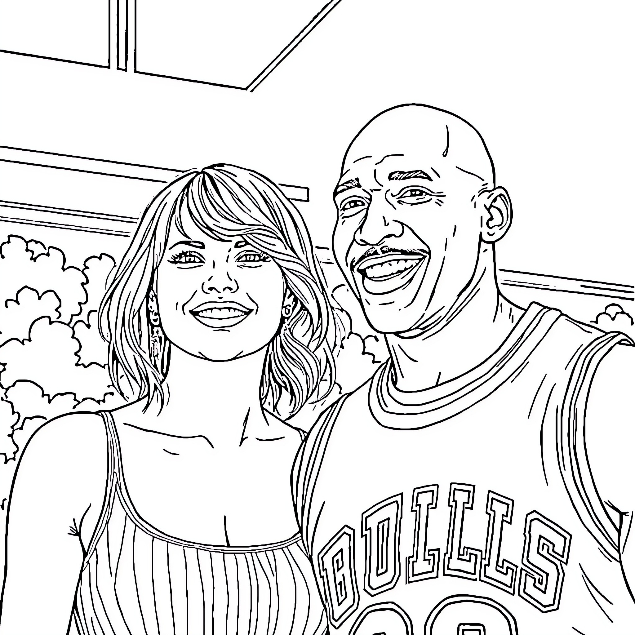 Taylor Swift and athlete posing joyfully Coloring Page (free black-and-white line drawing printable PDF for all, from beginners to advanced learners, including children, teens, adults, and seniors)